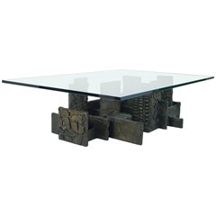 Paul Evans Monumental Sculpted Bronze and Glass Coffee Table, Signed, 1974