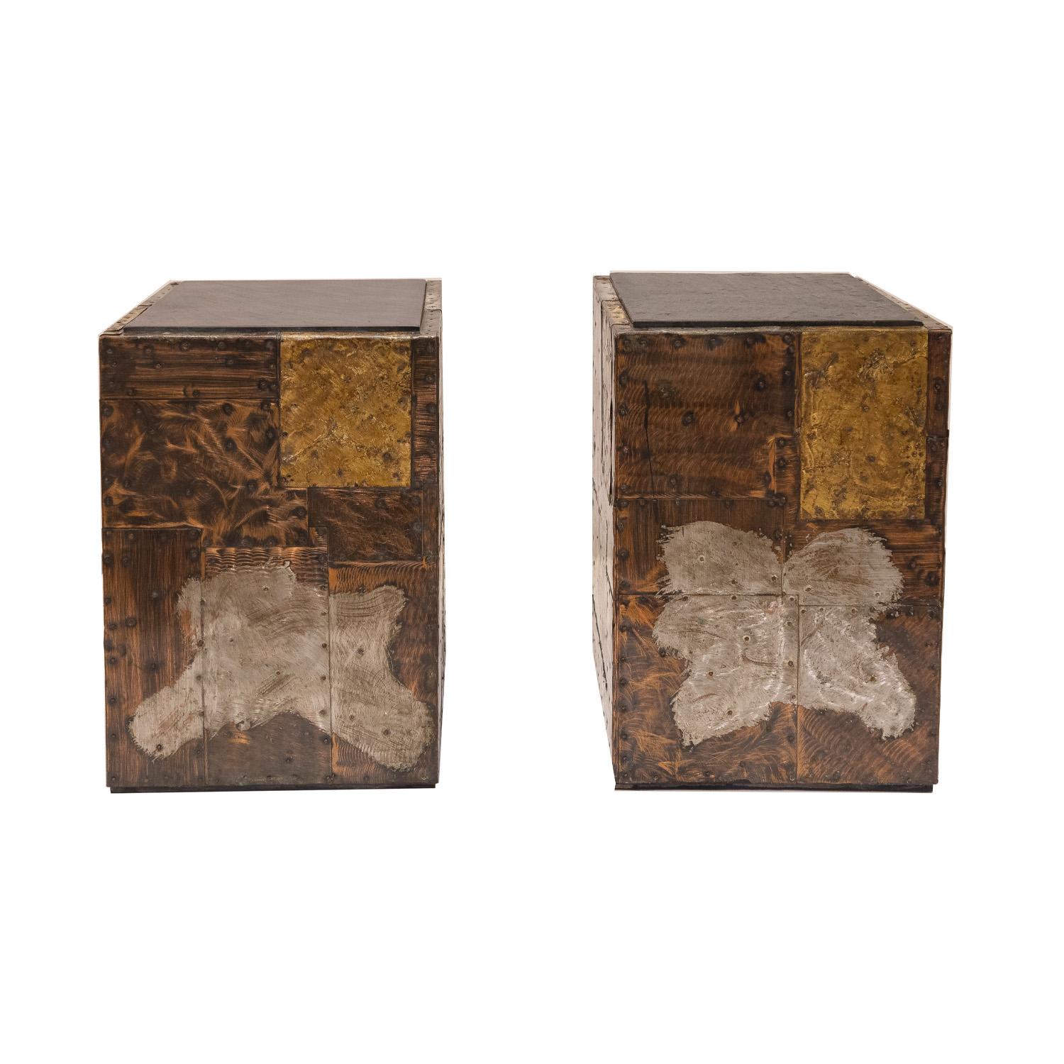 Pair of artisan Patchwork Cube occasional tables in pewter, copper and bronze with inset natural cleft slate tops by Paul Evans Studio for Directional Furniture, 1960's. These hand-crafted tables are stunning and in superb condition. Slate has been