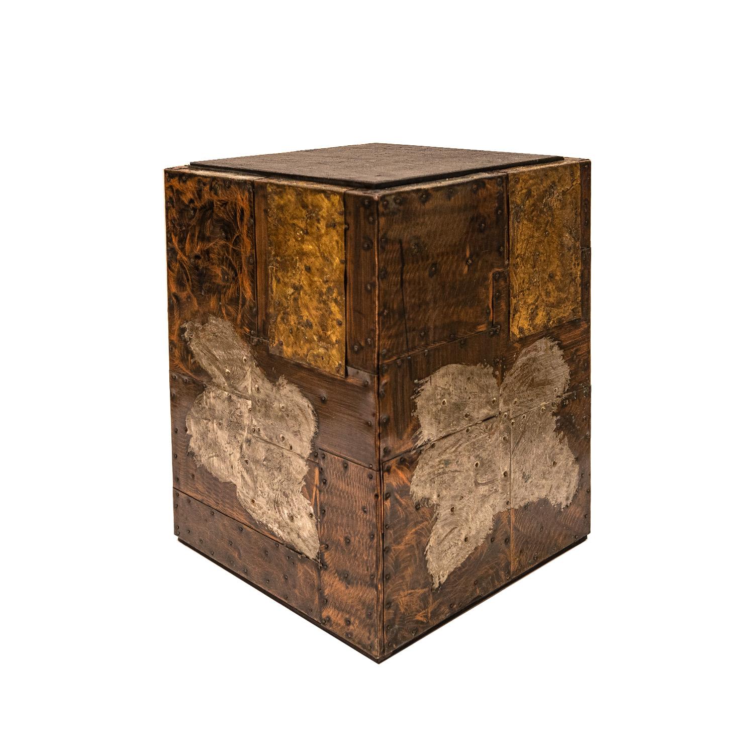 Mid-Century Modern Paul Evans Pair of Patchwork Cube Tables in Pewter, Copper and Bronze, 1960s