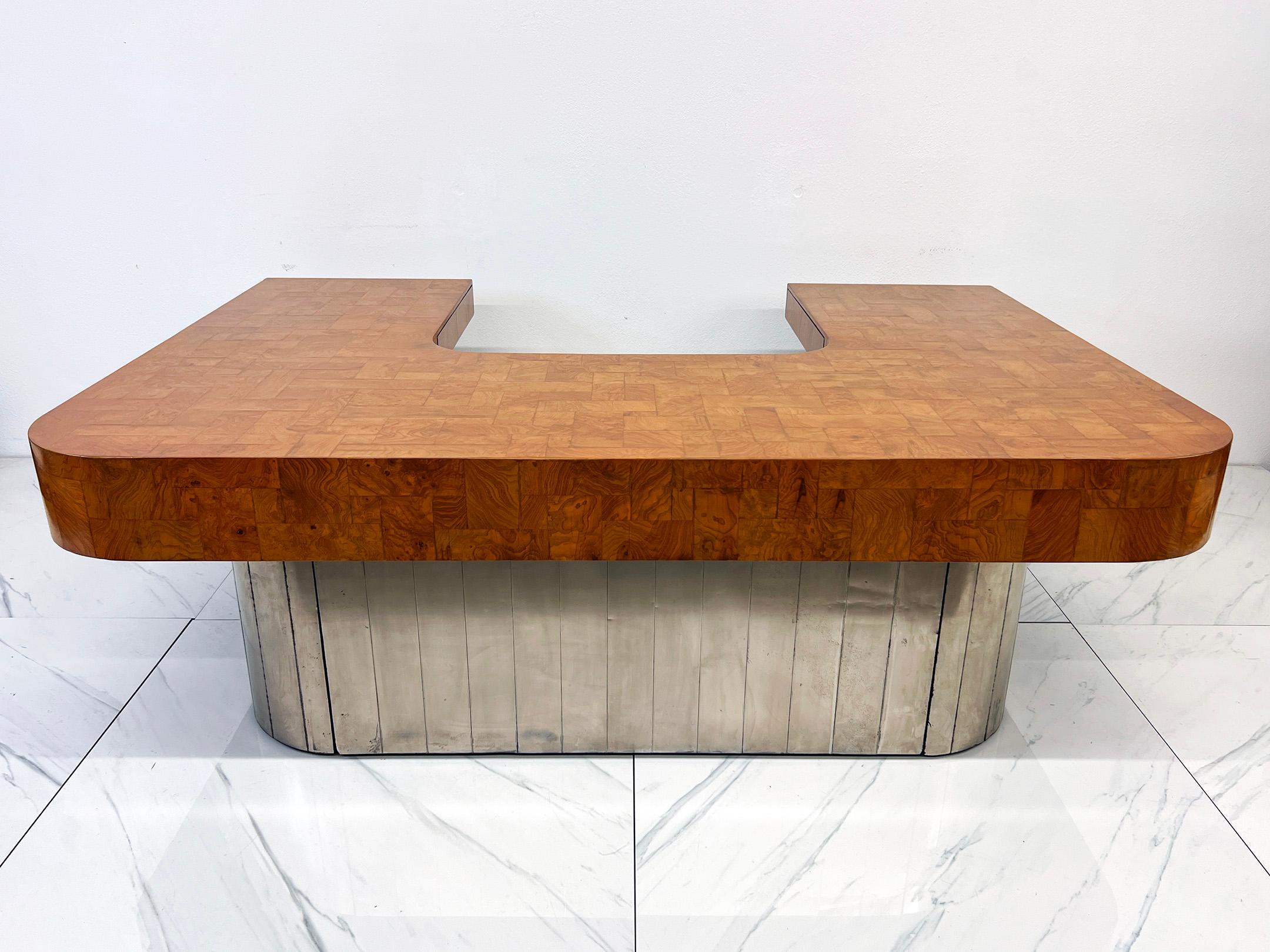 Mid-Century Modern Paul Evans Patchwork Burl and Steel Cityscape Executive Desk, 1970's For Sale