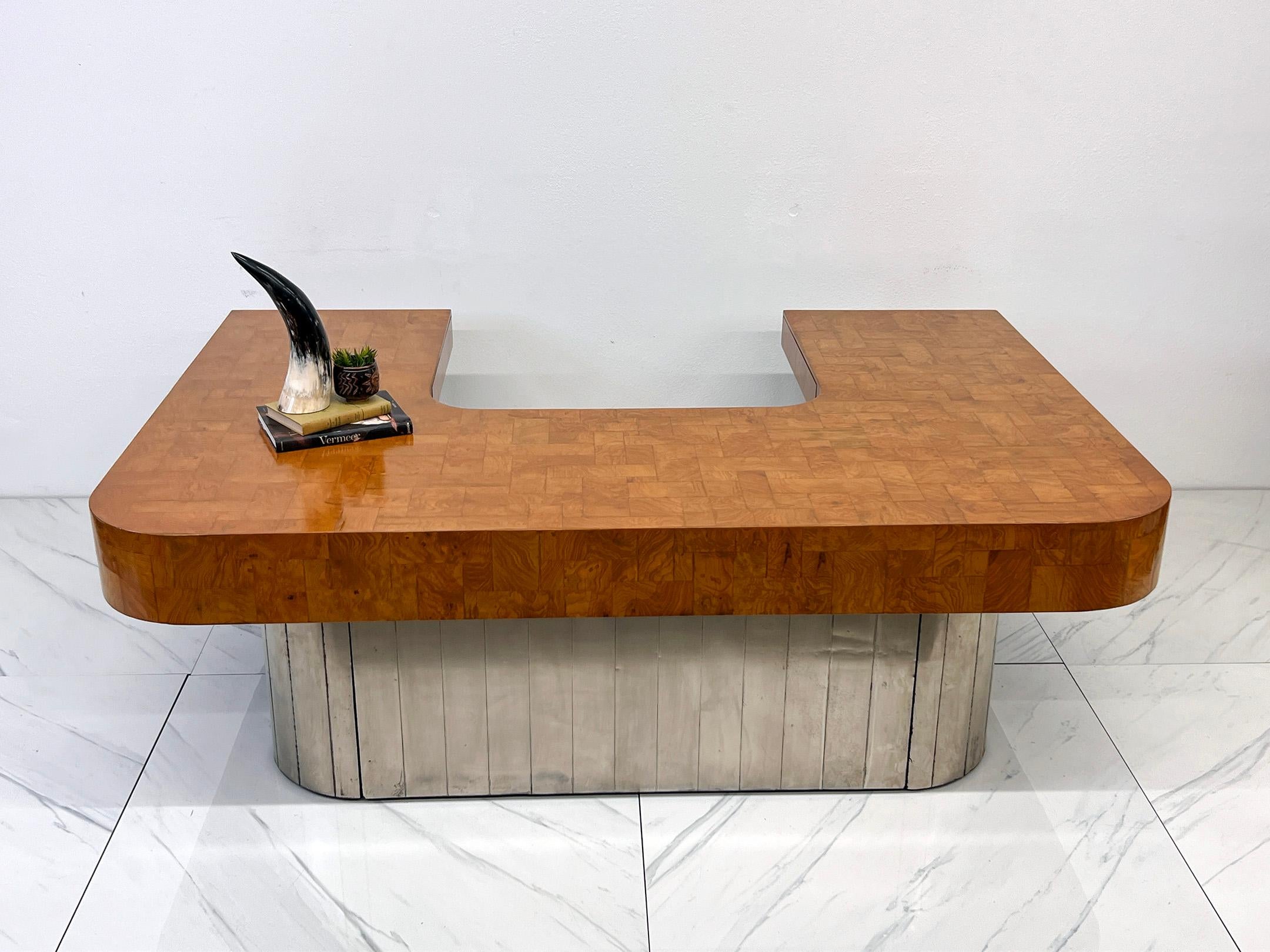 Paul Evans Patchwork Burl and Steel Cityscape Executive Desk, 1970's In Fair Condition For Sale In Culver City, CA