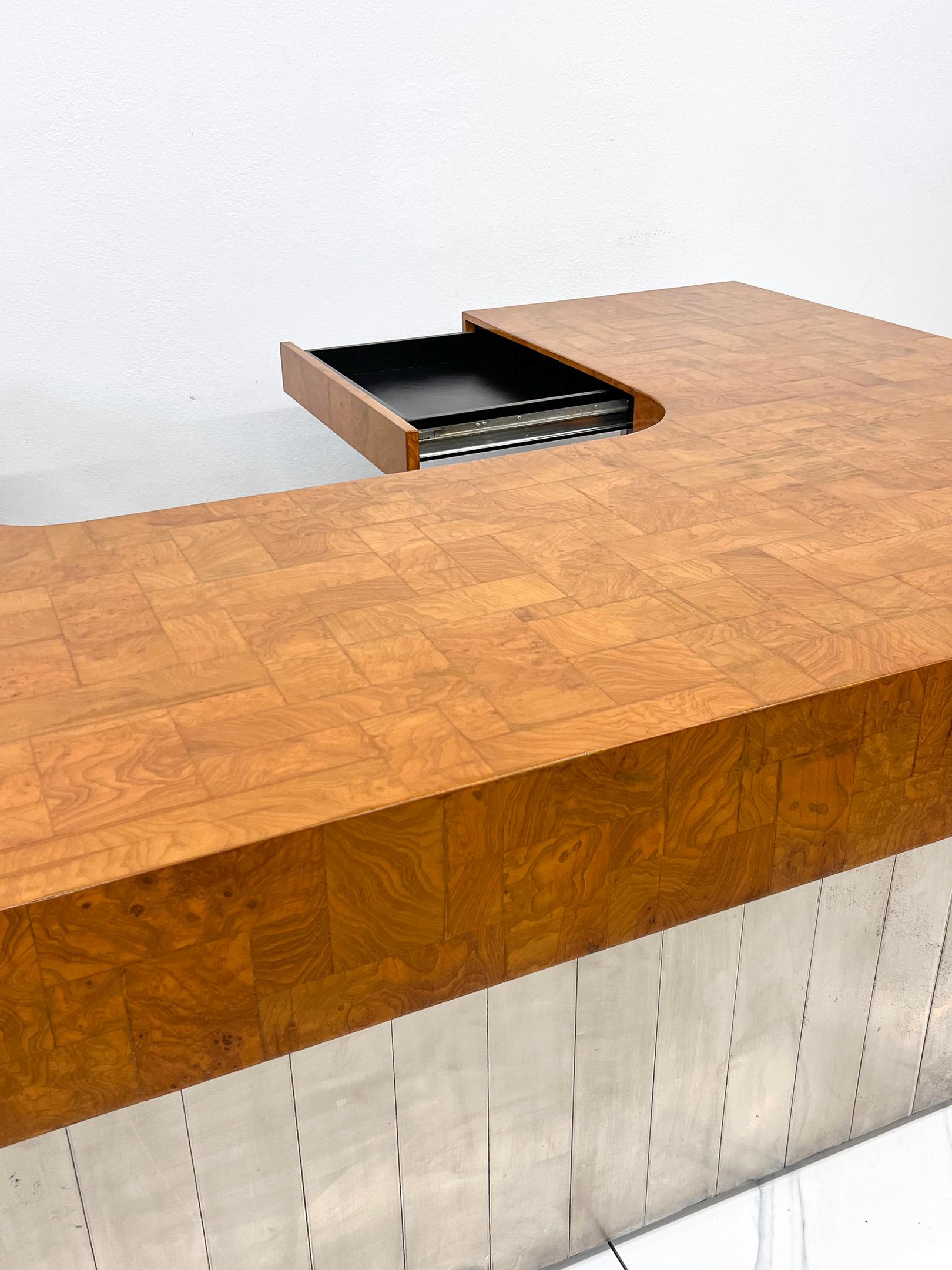Late 20th Century Paul Evans Patchwork Burl and Steel Cityscape Executive Desk, 1970's For Sale