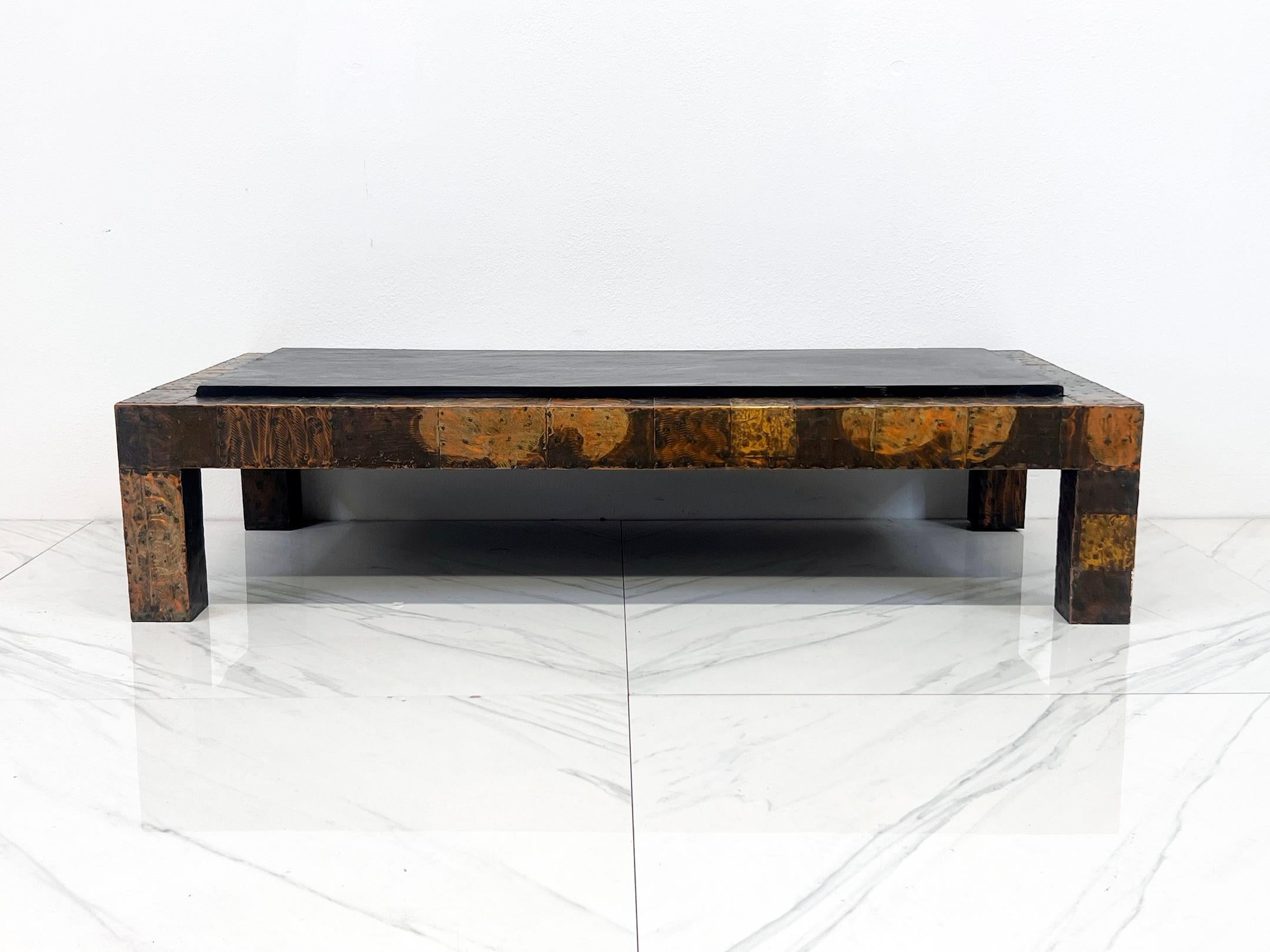 Brass Paul Evans Patchwork Coffee Table With Slate Top, 1970's For Sale