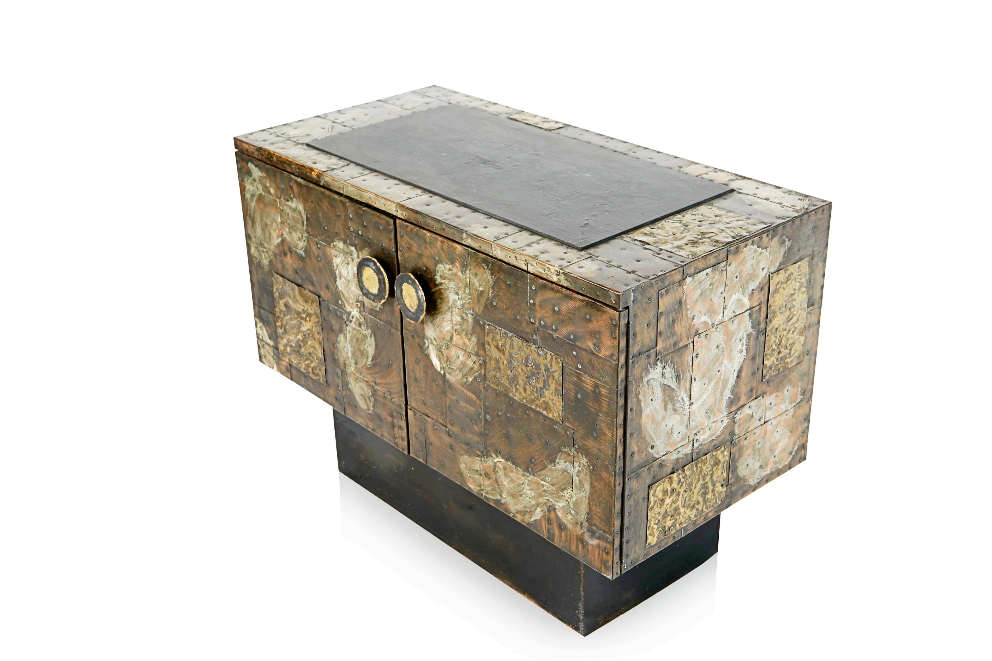 Paul Evans Patchwork Copper Cabinet with Slate Top for Directional, 1967 1