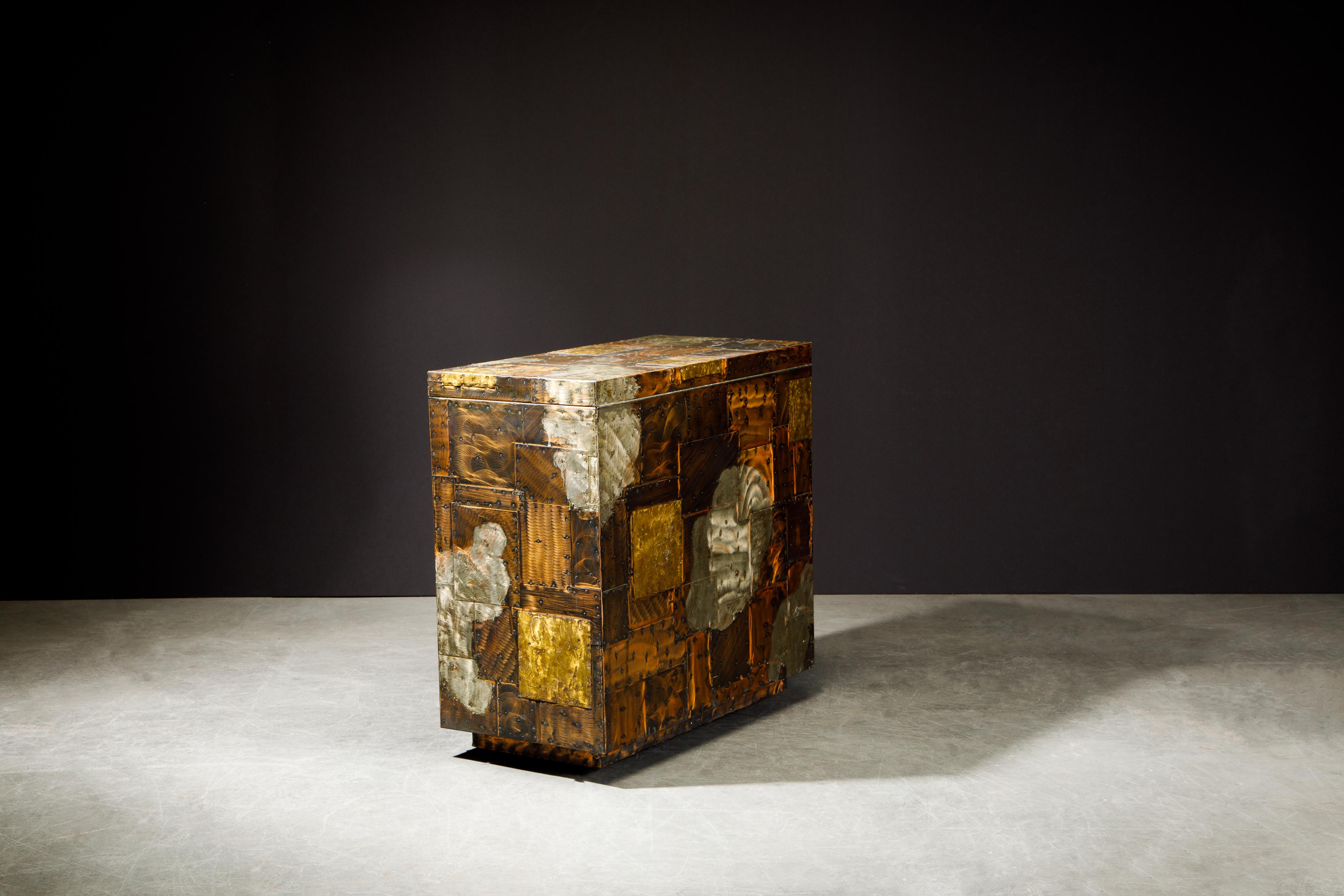Patinated Paul Evans Patchwork Copper Flip-Top Dry Bar Cabinet for Directional, circa 1967