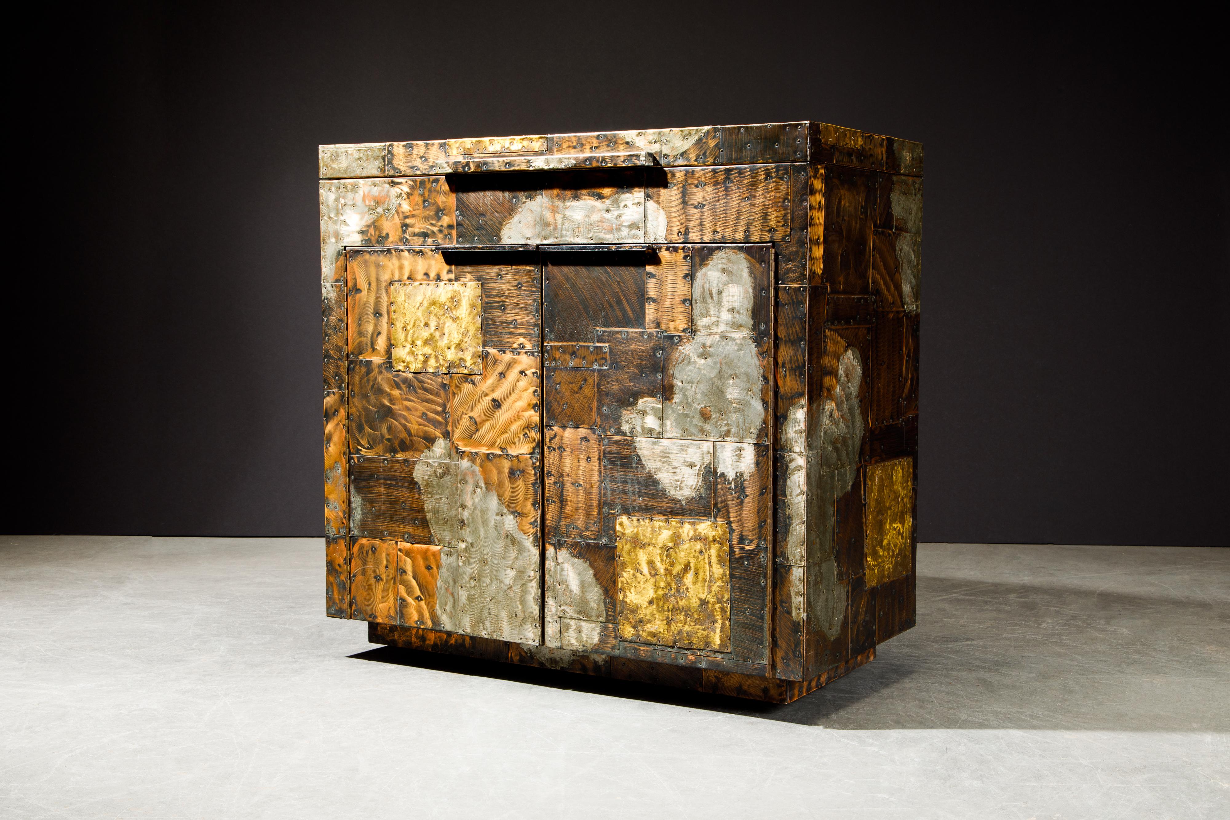 Paul Evans Patchwork Copper Flip-Top Dry Bar Cabinet for Directional, circa 1967 In Good Condition In Los Angeles, CA