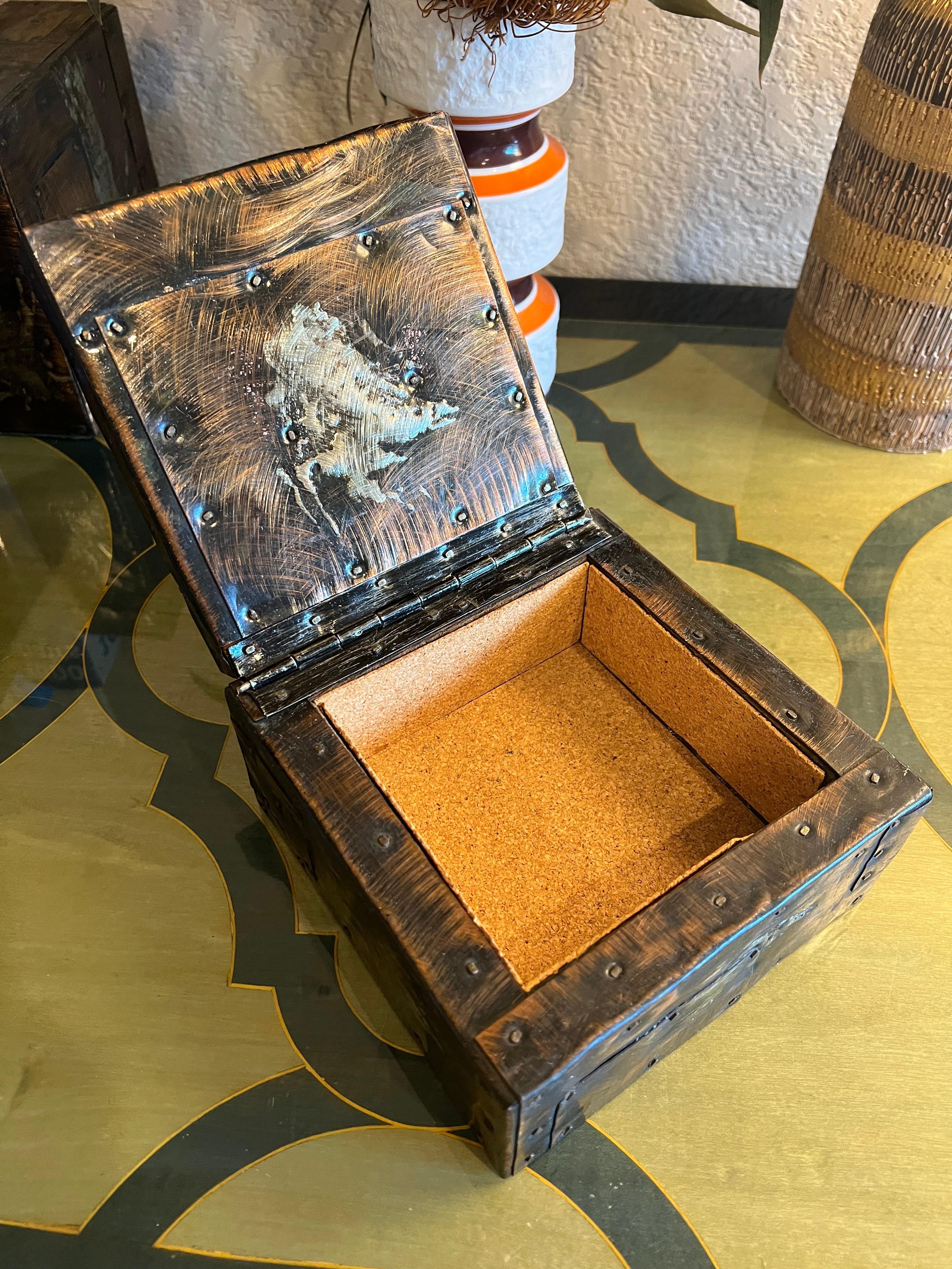 Paul Evans Patchwork Copper Large and Small Humidors w Cigar Ashtray, c 1970s For Sale 8