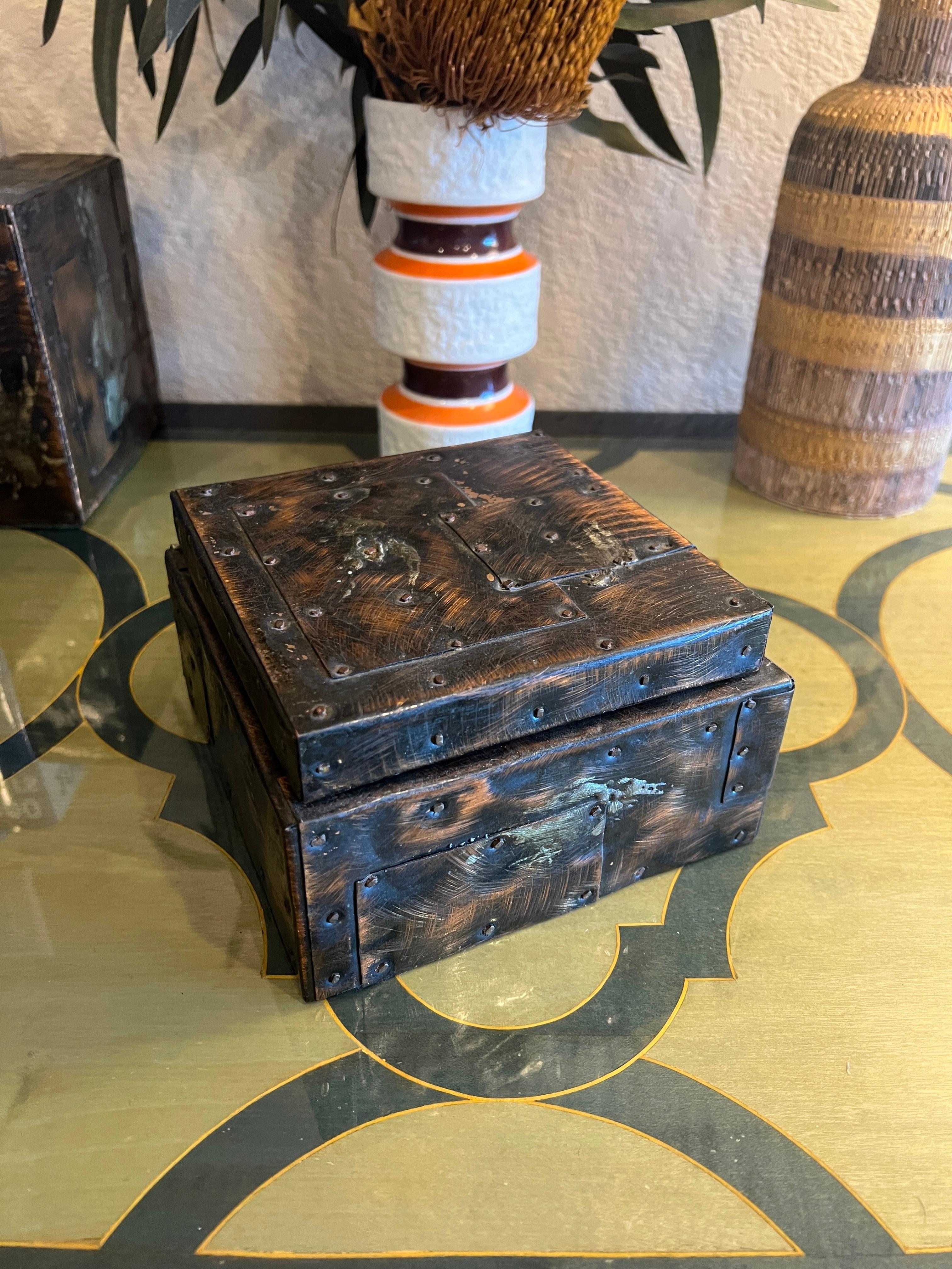 Paul Evans Patchwork Copper Large and Small Humidors w Cigar Ashtray, c 1970s For Sale 9