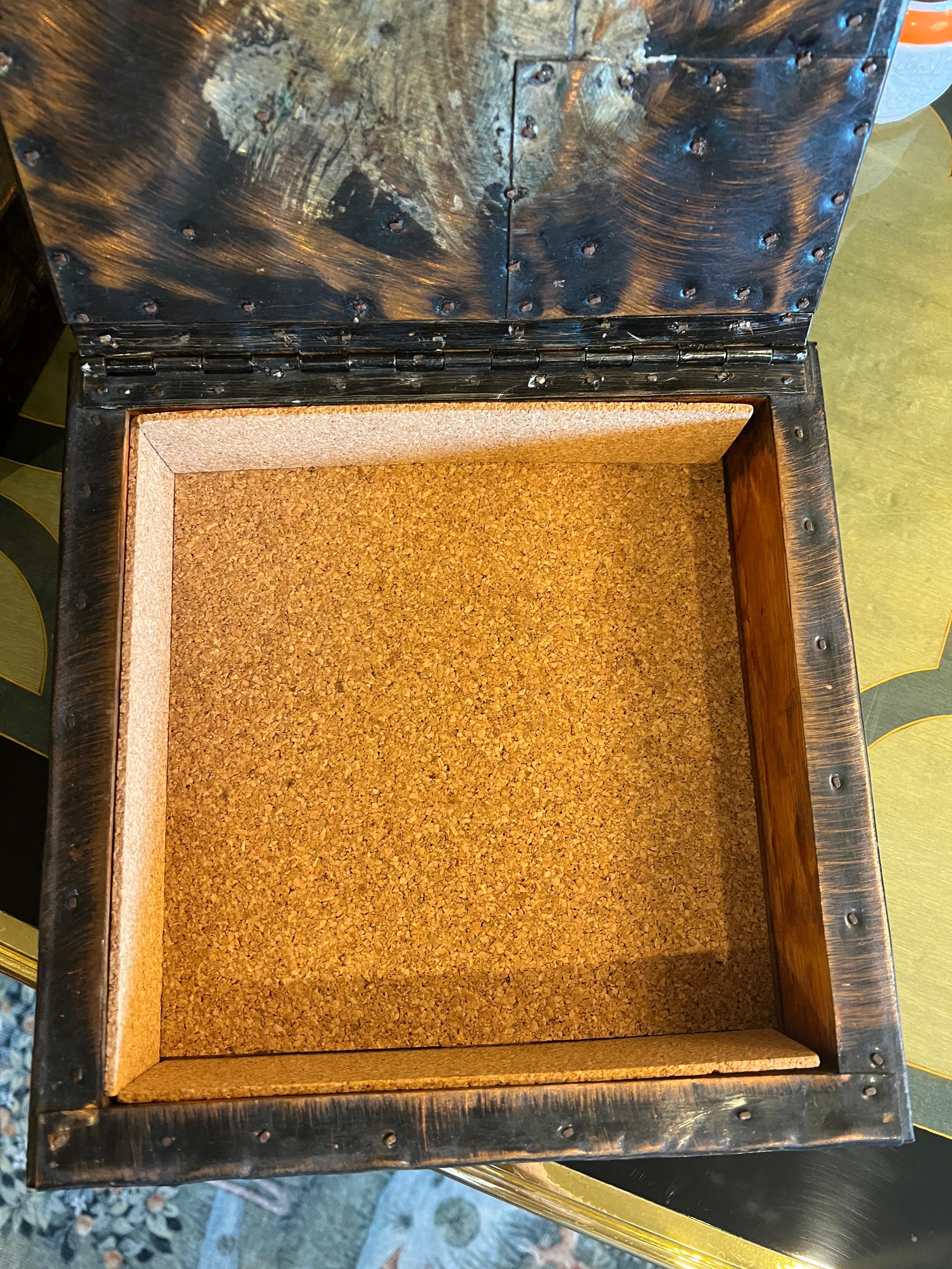 American Paul Evans Patchwork Copper Large and Small Humidors w Cigar Ashtray, c 1970s For Sale