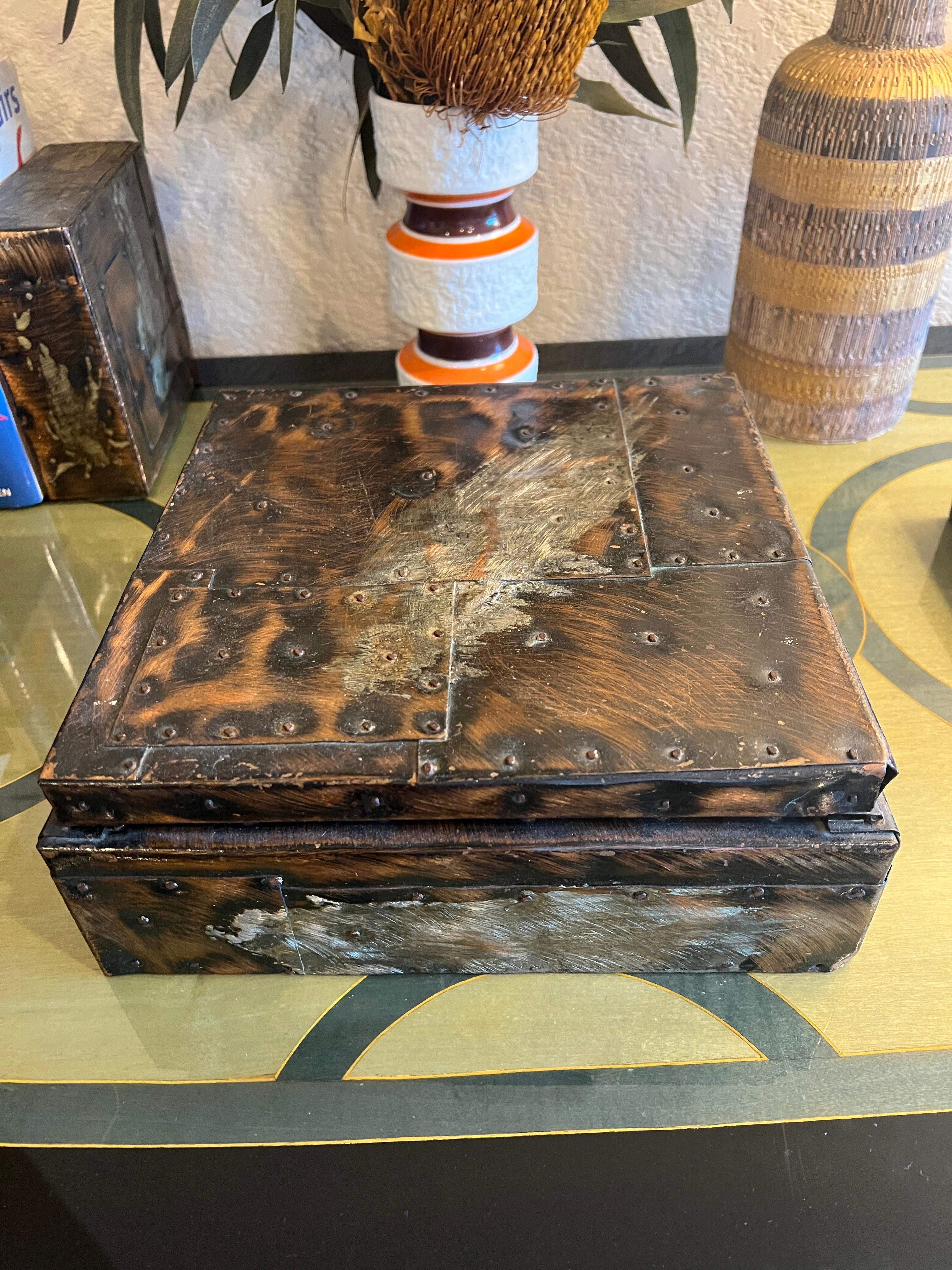Late 20th Century Paul Evans Patchwork Copper Large and Small Humidors w Cigar Ashtray, c 1970s For Sale