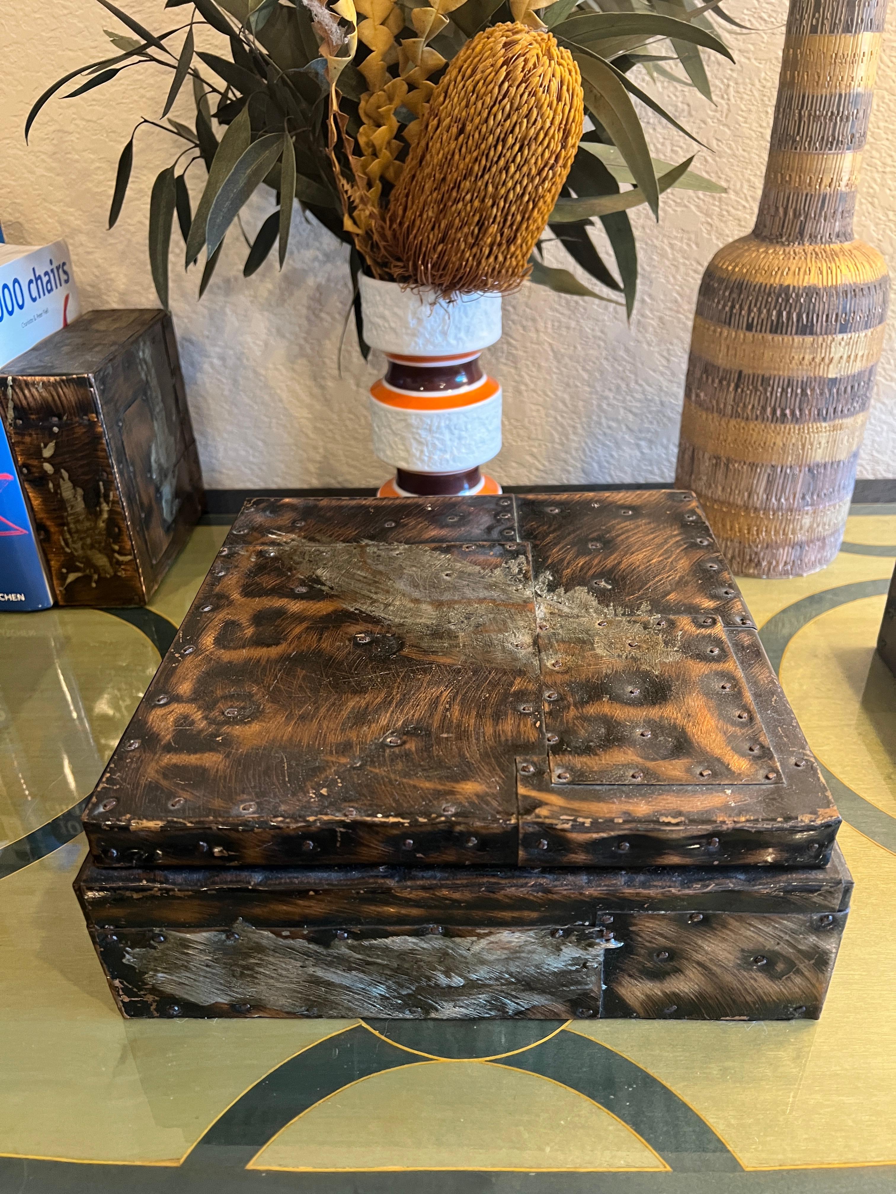 Bronze Paul Evans Patchwork Copper Large and Small Humidors w Cigar Ashtray, c 1970s For Sale