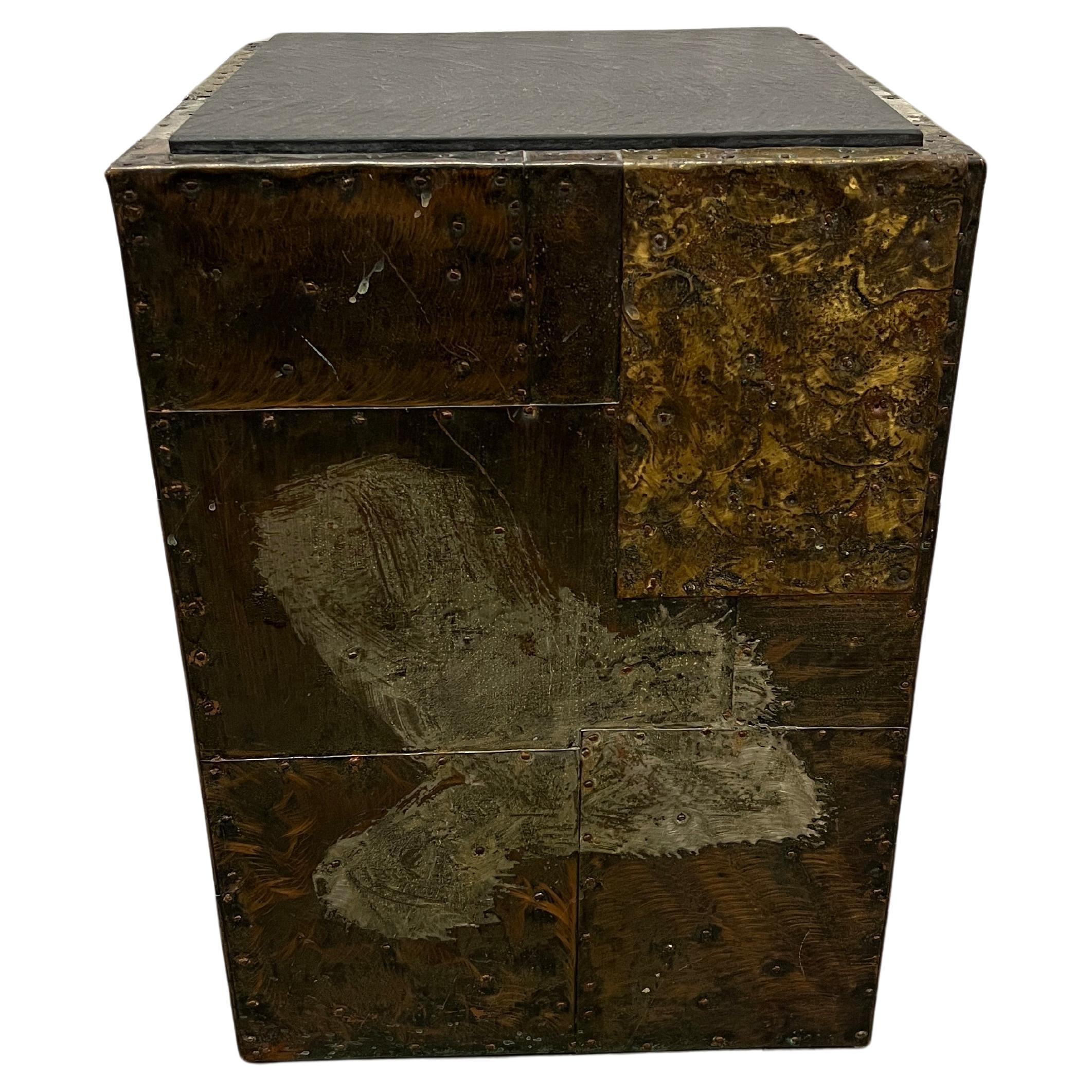 Patchwork Cube occasional table in pewter, copper and brass with inset natural cleft slate tops by Paul Evans Studio for Directional Furniture. Table is referenced in 