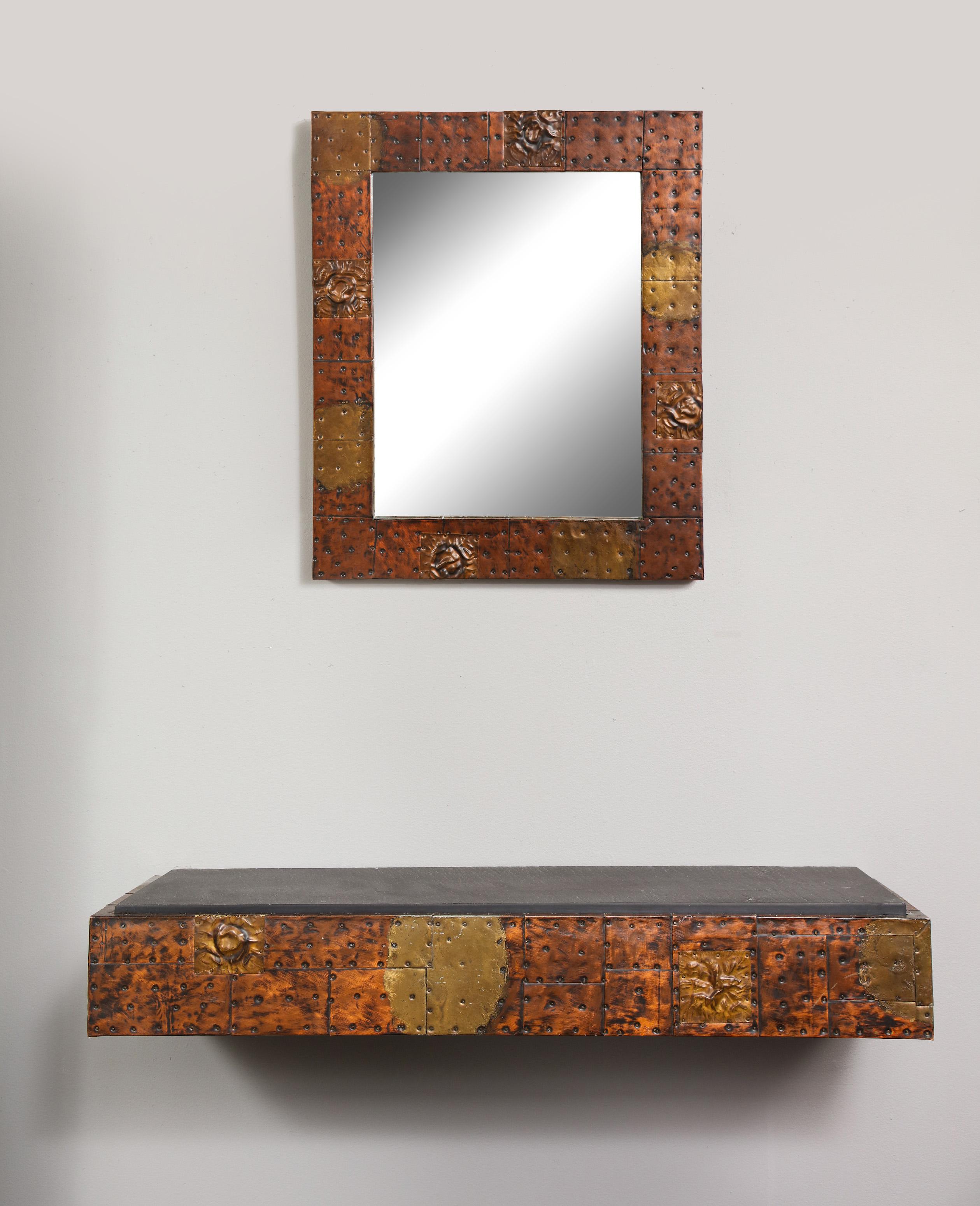 Paul Evans patchwork mirror and wall-mounted console. The dimensions of the console is 5-5/8