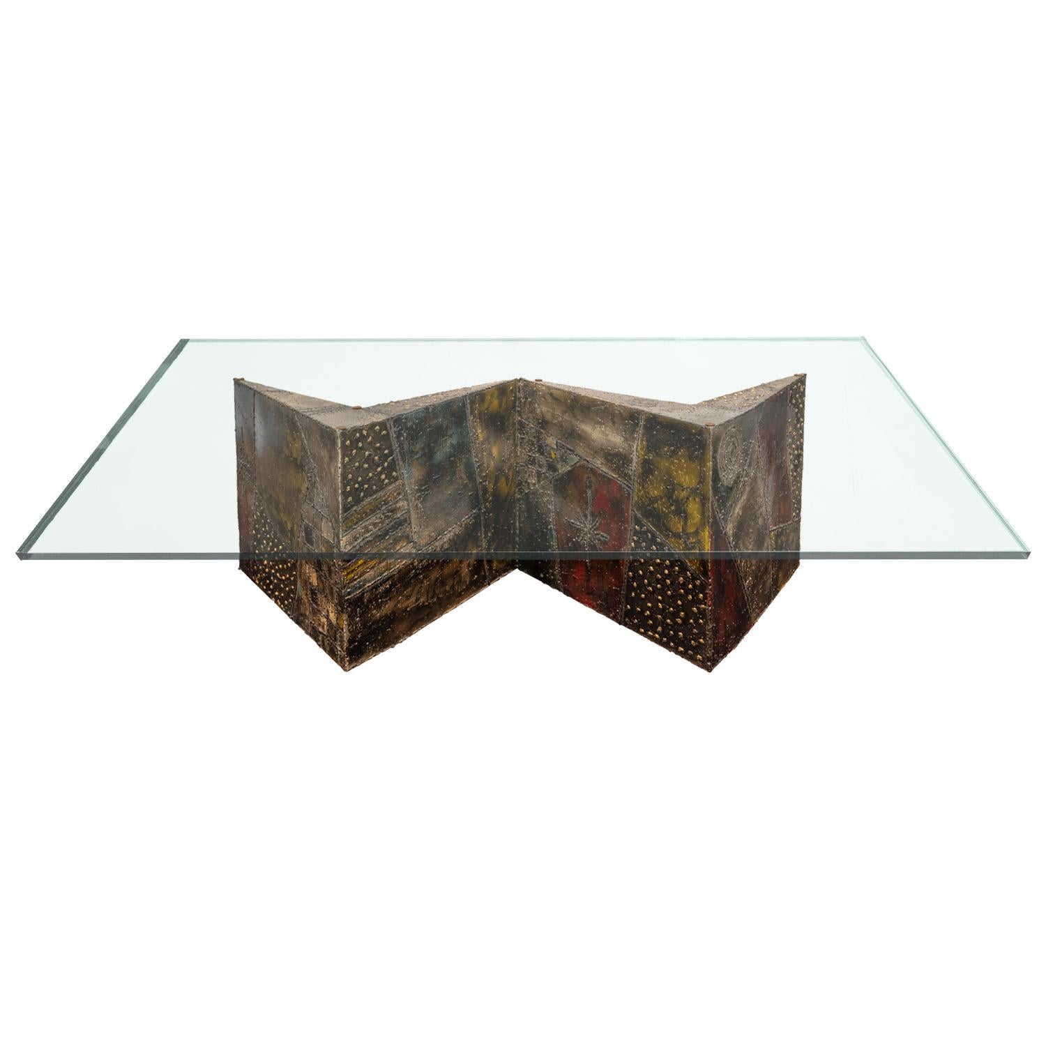 Artisan welded coffee table with hand-painted polychrome enamels, zig zag design with glass top, by Paul Evans, American 1969 (signed and dated “PE69” on side). The exuberant form and the beautiful colors make this table a real stand out. Dimensions