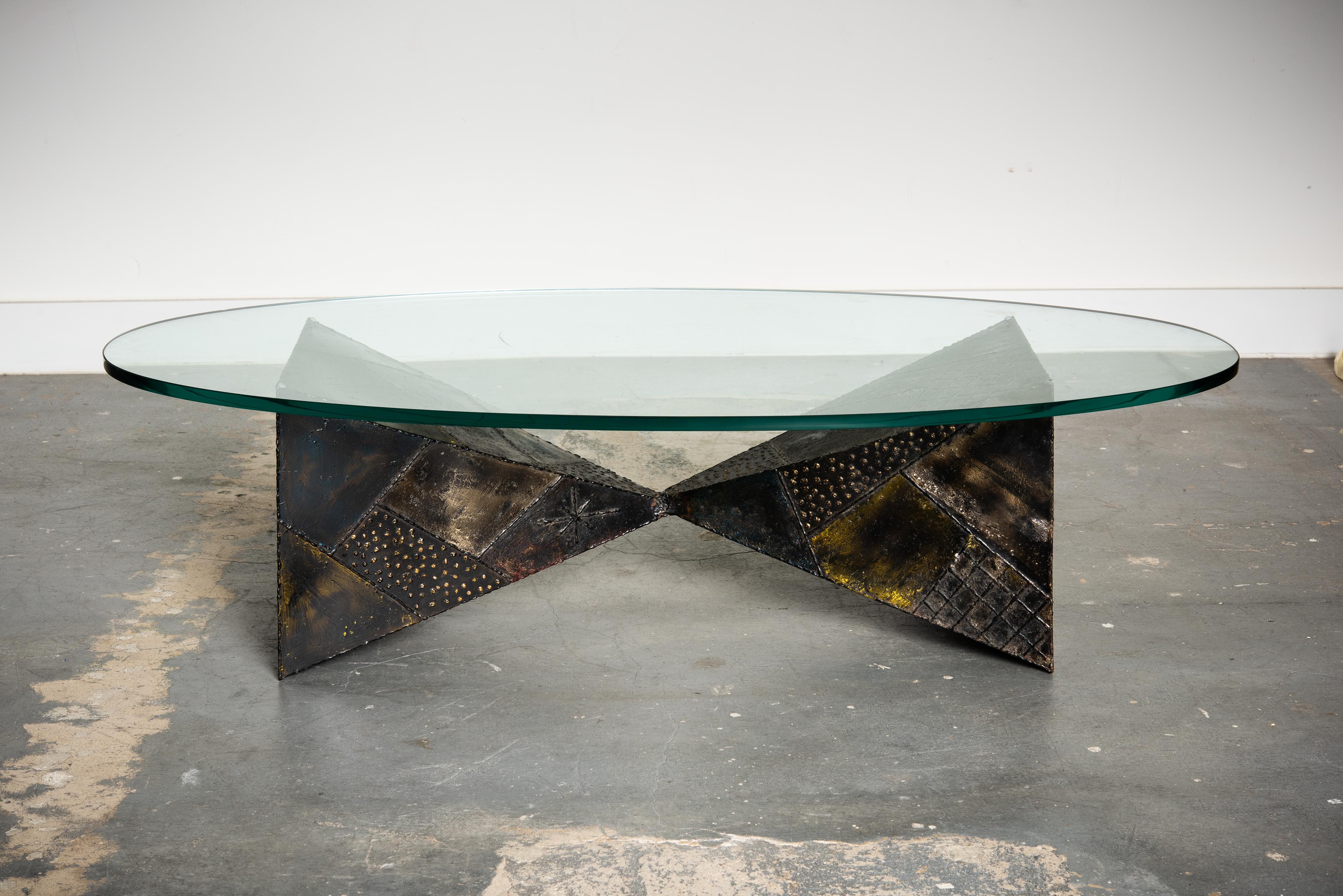 Brutalist Paul Evans PE-13 Double-Pyramid Cocktail Table in Steel, Pewter & Bronze c. 1970