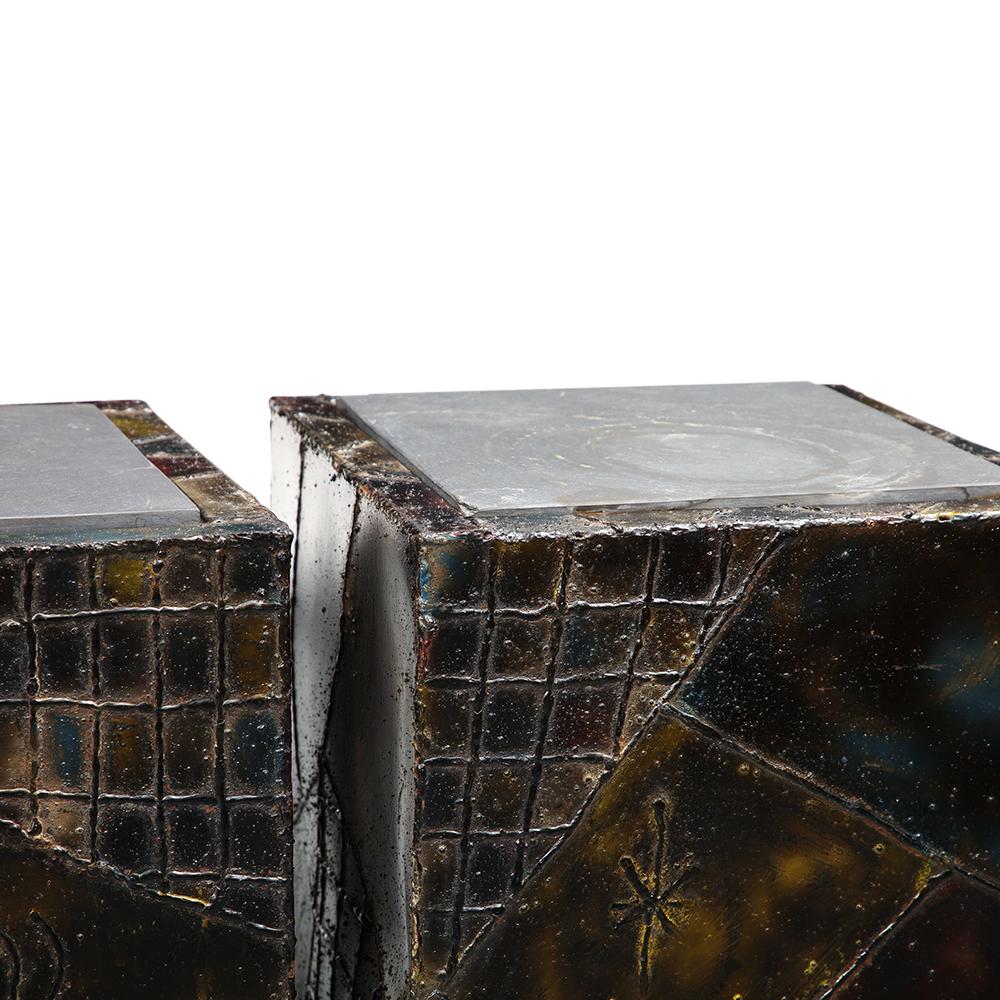 Paul Evans PE-20 Cube Side Tables, Inset Slate, Oxidized Steel, Bronze, Signed For Sale 6