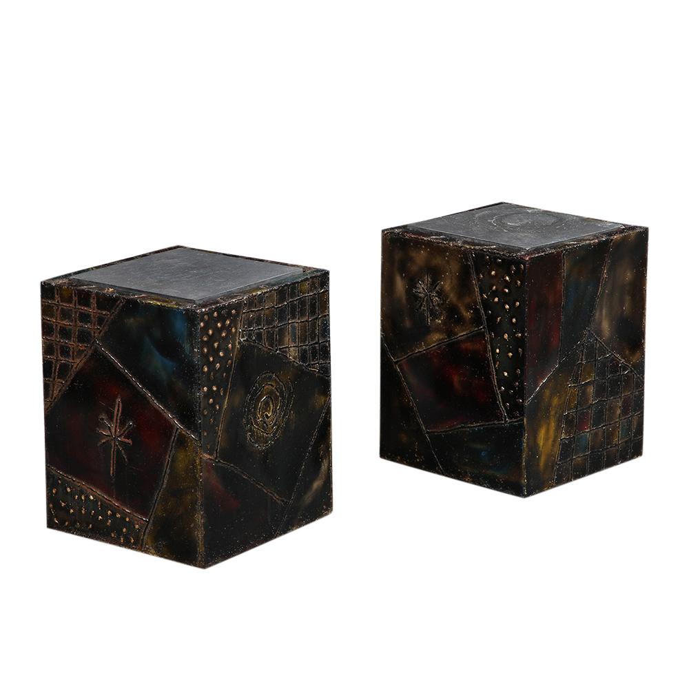 Paul Evans PE-20 Cube Side Tables, Inset Slate, Oxidized Steel, Bronze, Signed For Sale 7