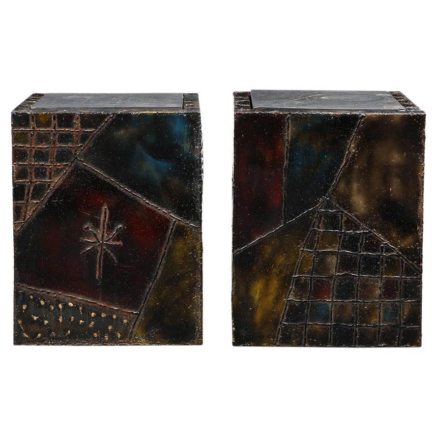 American Paul Evans PE-20 Cube Side Tables, Inset Slate, Oxidized Steel, Bronze, Signed For Sale