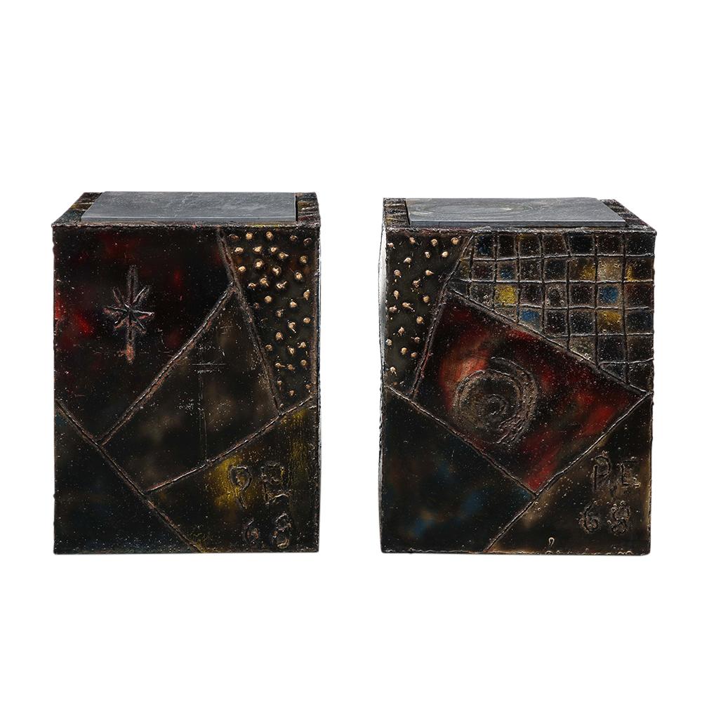 Hand-Painted Paul Evans PE-20 Cube Side Tables, Inset Slate, Oxidized Steel, Bronze, Signed For Sale