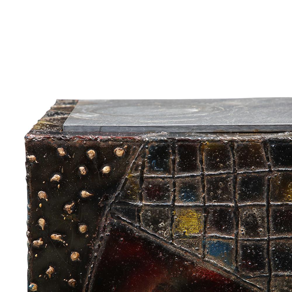 Paul Evans PE-20 Cube Side Tables, Inset Slate, Oxidized Steel, Bronze, Signed For Sale 1
