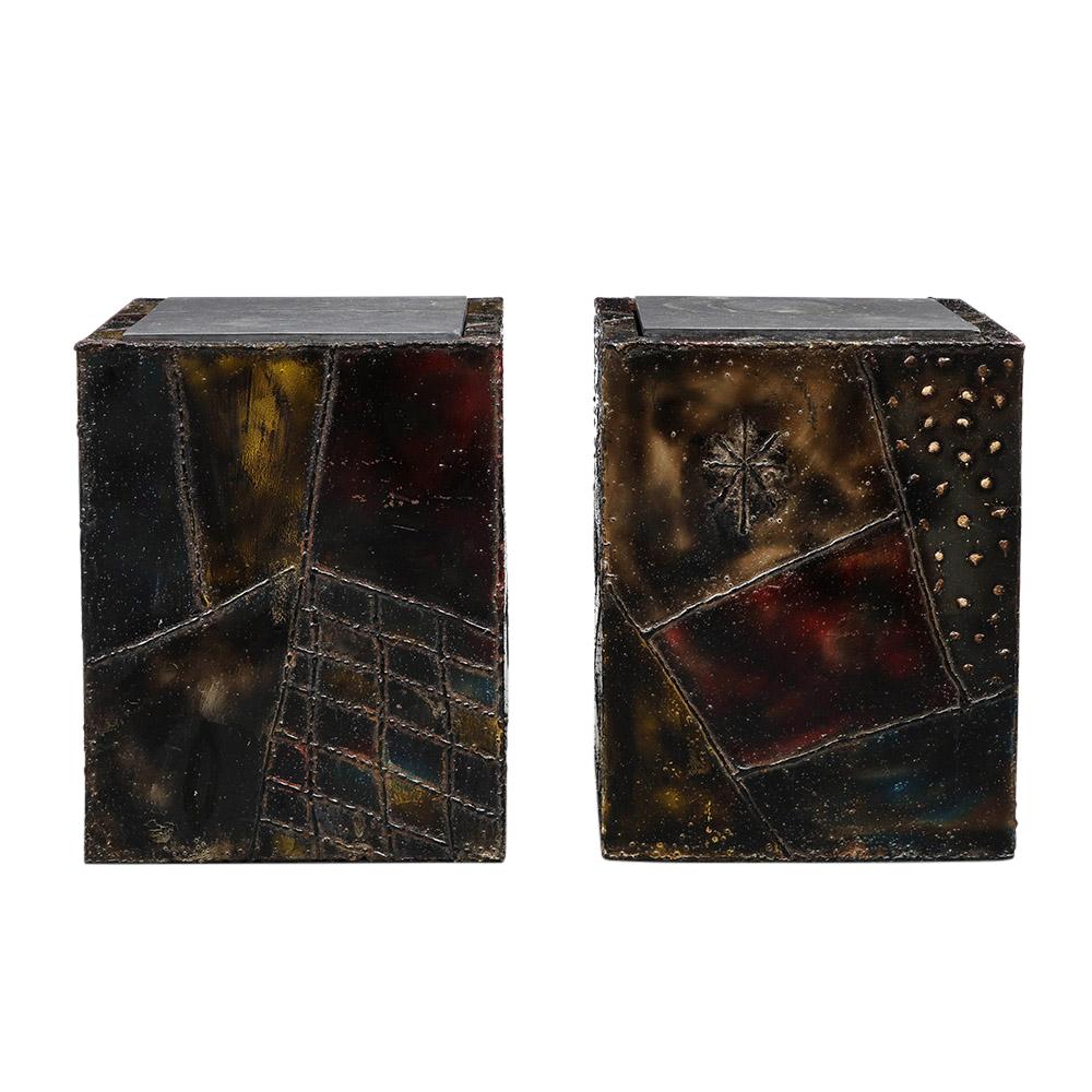 Paul Evans PE-20 Cube Side Tables, Inset Slate, Oxidized Steel, Bronze, Signed For Sale 2