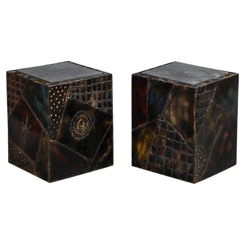 Paul Evans PE-20 Cube Side Tables, Inset Slate, Oxidized Steel, Bronze, Signed For Sale