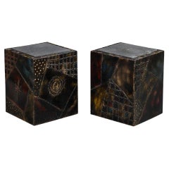 Paul Evans PE-20 Cube Side Tables, Inset Slate, Oxidized Steel, Bronze, Signed