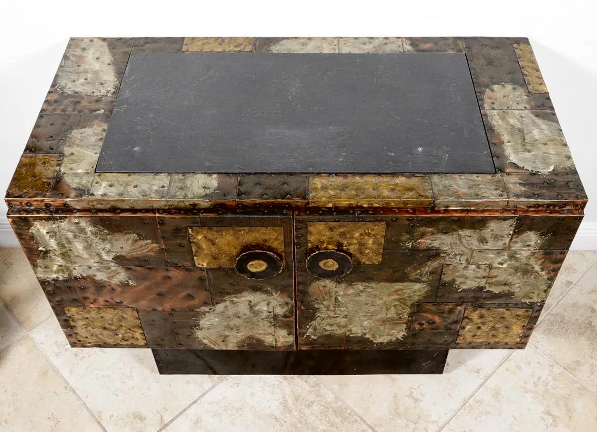 Brutalist Paul Evans 'PE-32' Patchwork Copper Cabinet with Slate Top for Directional, 1968 For Sale