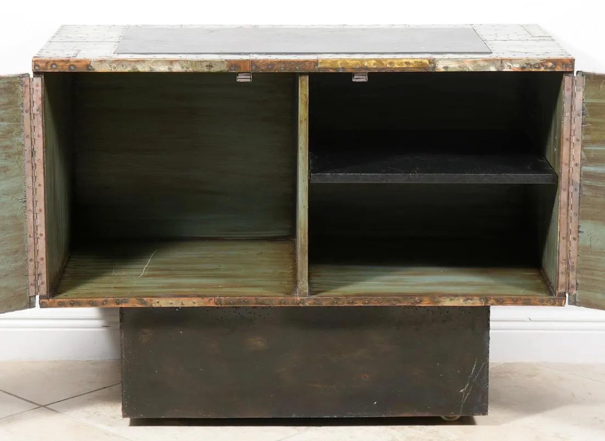 Patinated Paul Evans 'PE-32' Patchwork Copper Cabinet with Slate Top for Directional, 1968 For Sale