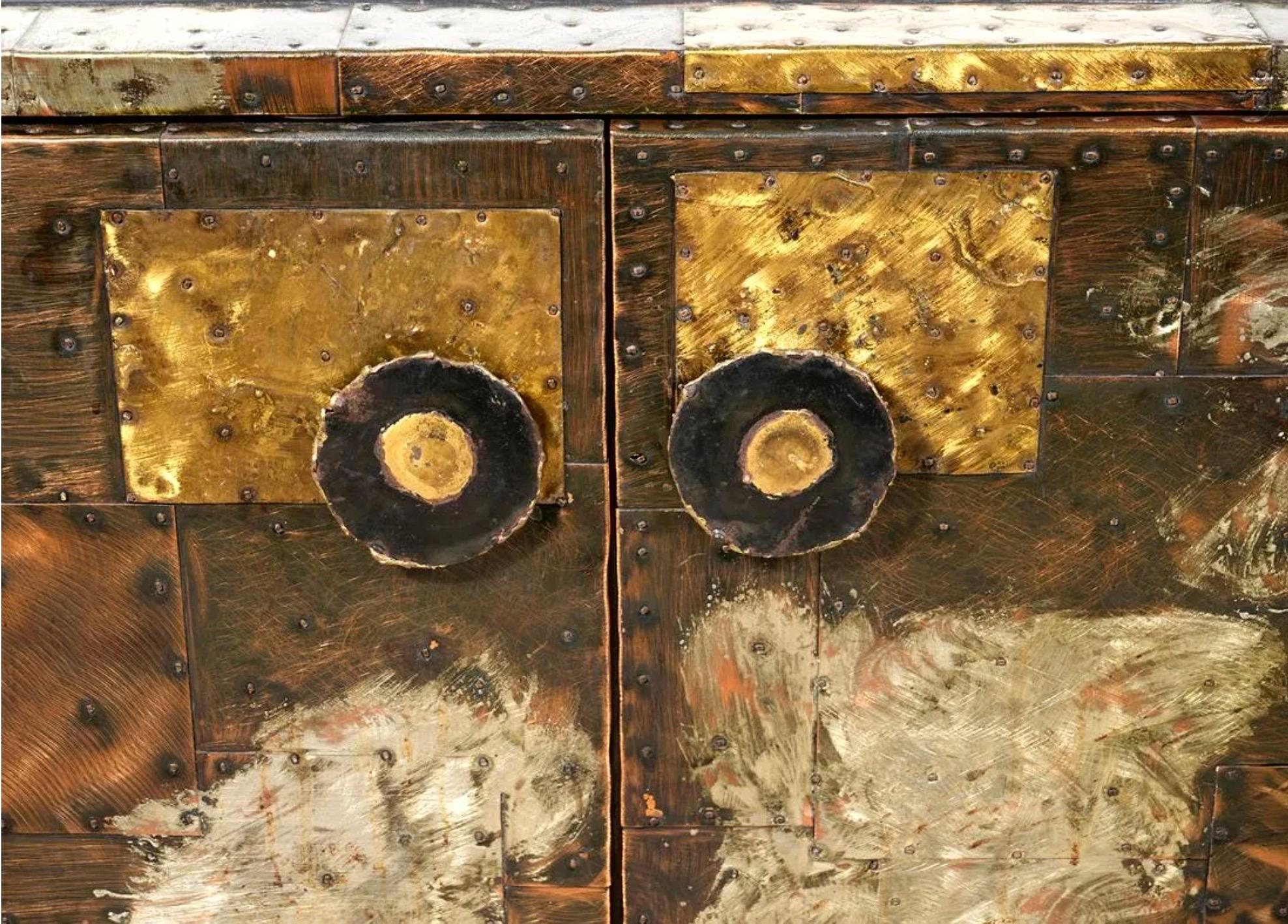 Mid-20th Century Paul Evans 'PE-32' Patchwork Copper Cabinet with Slate Top for Directional, 1968 For Sale