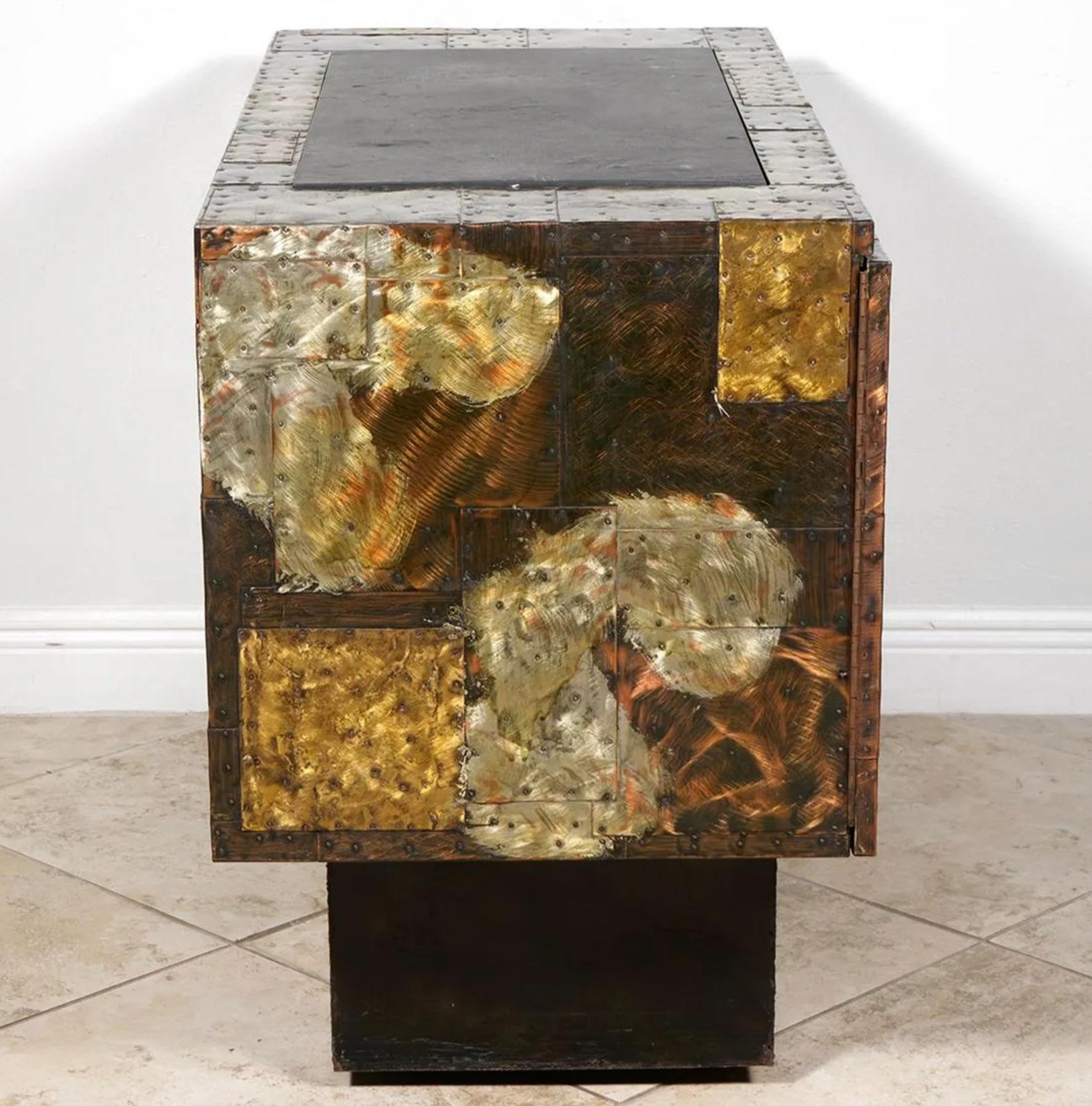 Brass Paul Evans 'PE-32' Patchwork Copper Cabinet with Slate Top for Directional, 1968 For Sale