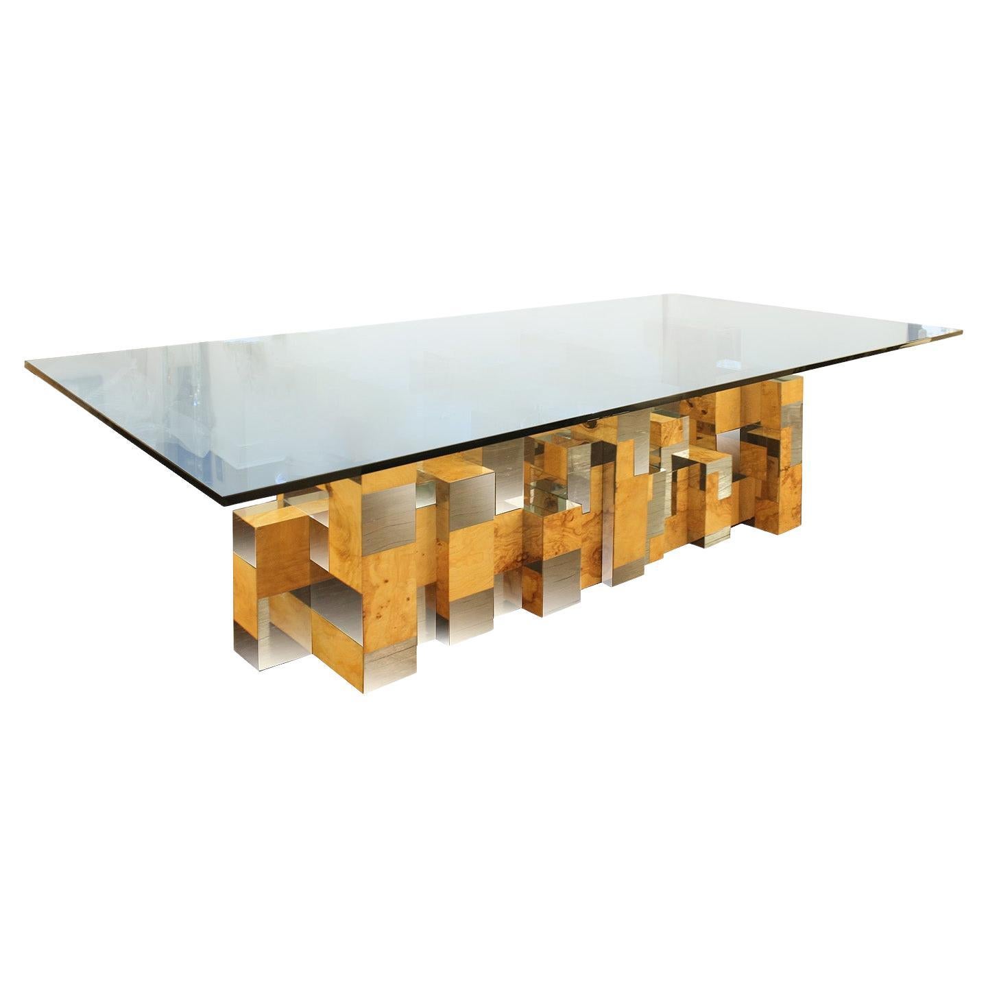 Iconic tesselated polshed chrome and olive burl, PE 400 dining table by Paul Evans for Directional Furniture. American 1970's

 

Dimensions (with glass)

Width: 96 inches
Depth: 48 inches
Height: 29 inches

 
Base:

Width: 67