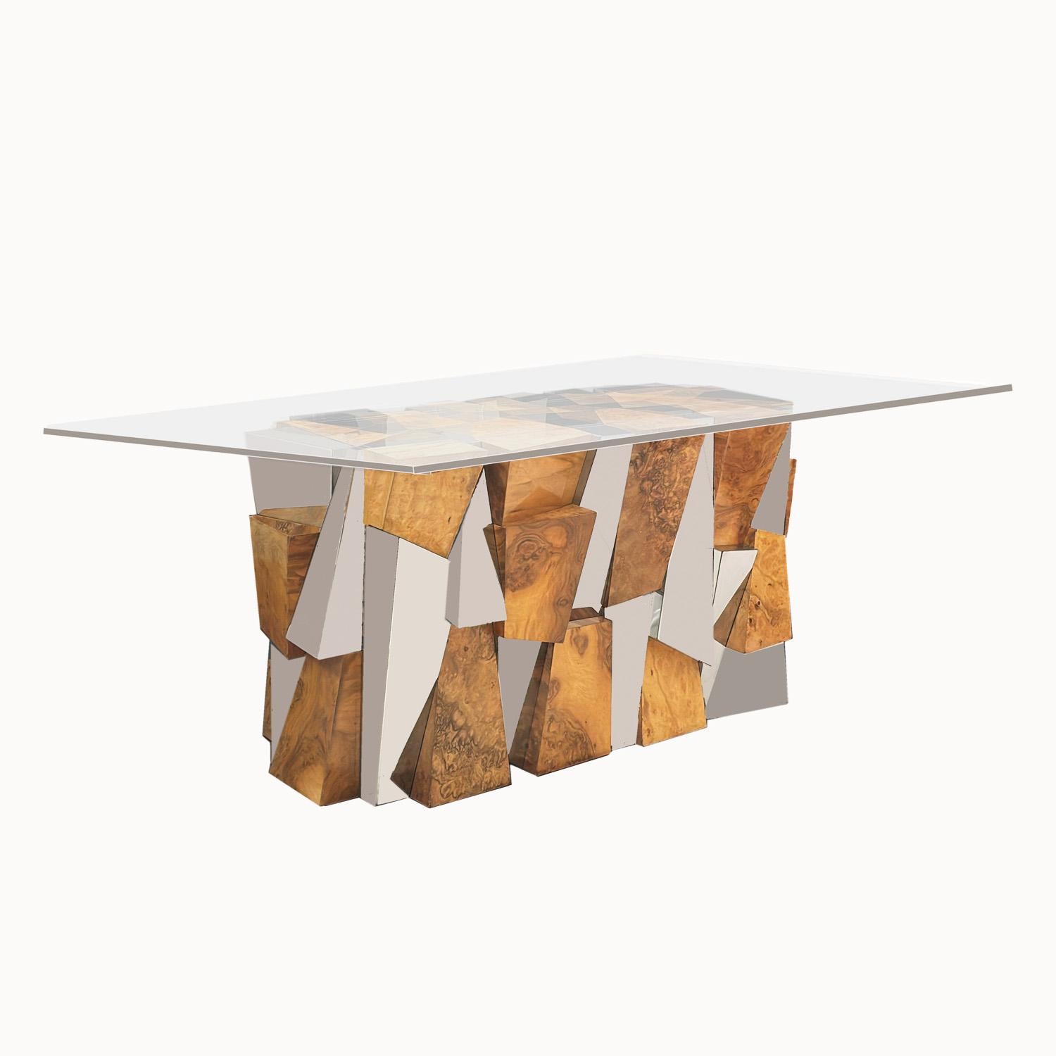 Modern Paul Evans PE400 Faceted Dining Table in Walnut Burl & Chrome Plated Steel 1970s For Sale