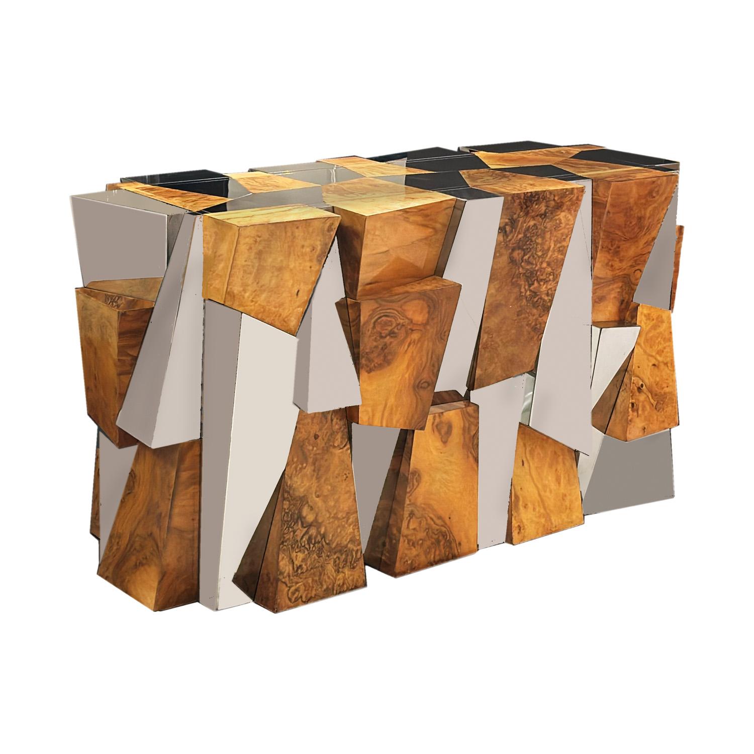 Hand-Crafted Paul Evans PE400 Faceted Dining Table in Walnut Burl & Chrome Plated Steel 1970s For Sale