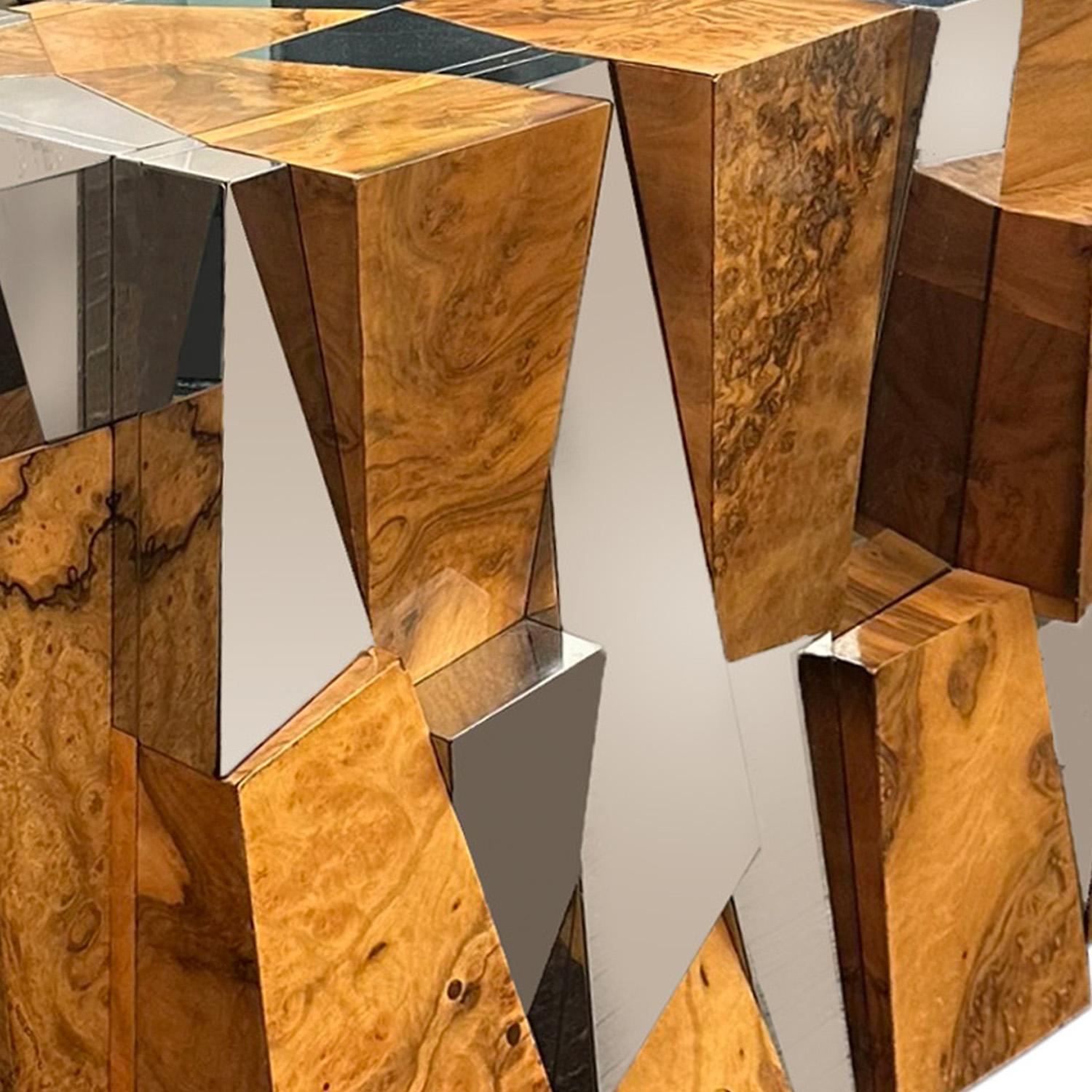 Paul Evans PE400 Faceted Dining Table in Walnut Burl & Chrome Plated Steel 1970s In Good Condition For Sale In New York, NY