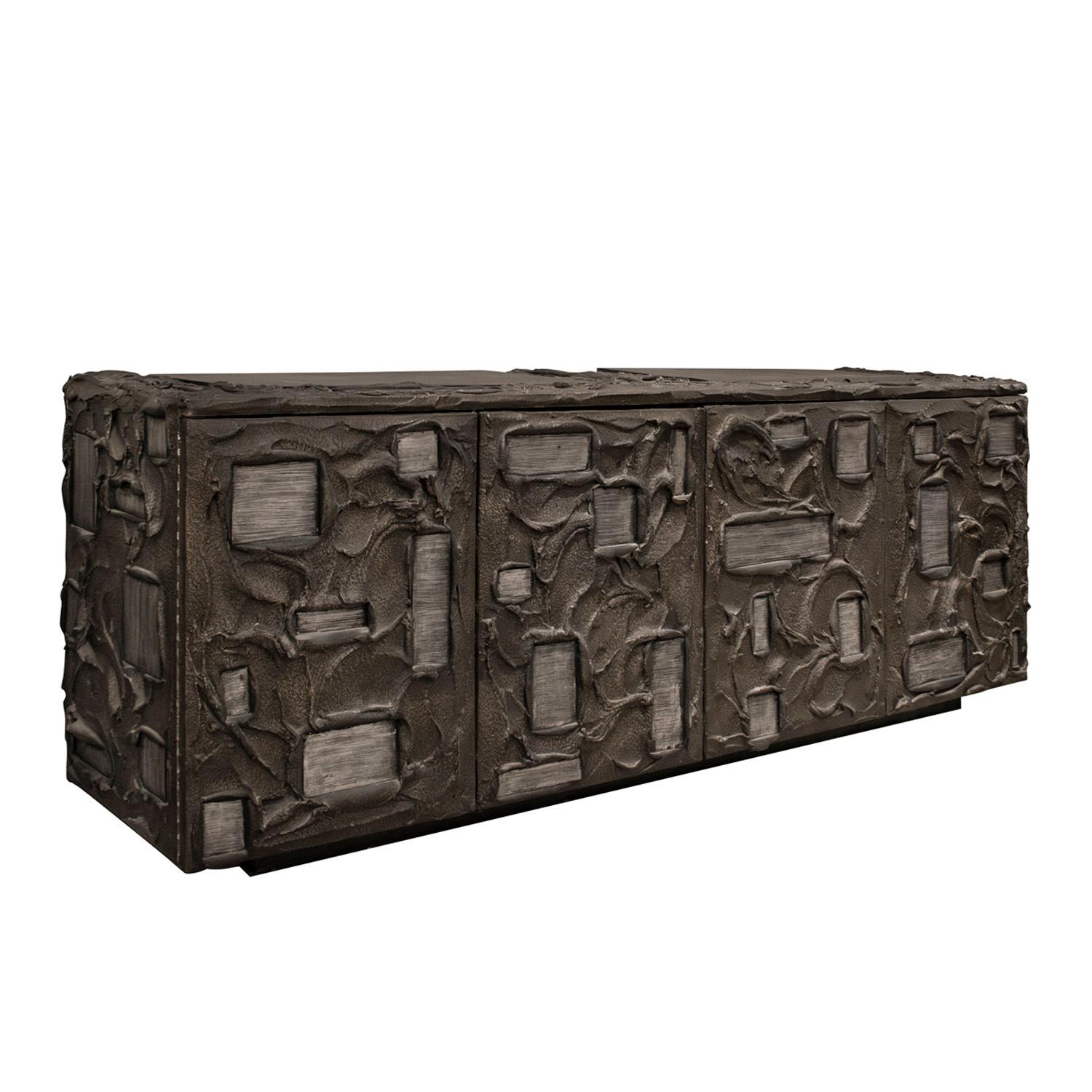 Impressive and large Sculpted Bronze Cabinet with enameled steel elements and cleft slate tops by Paul Evans for Directional Furniture, American 1970 (signed “PE 70” on underside). The beautifully finished interior holds four drawers finished like