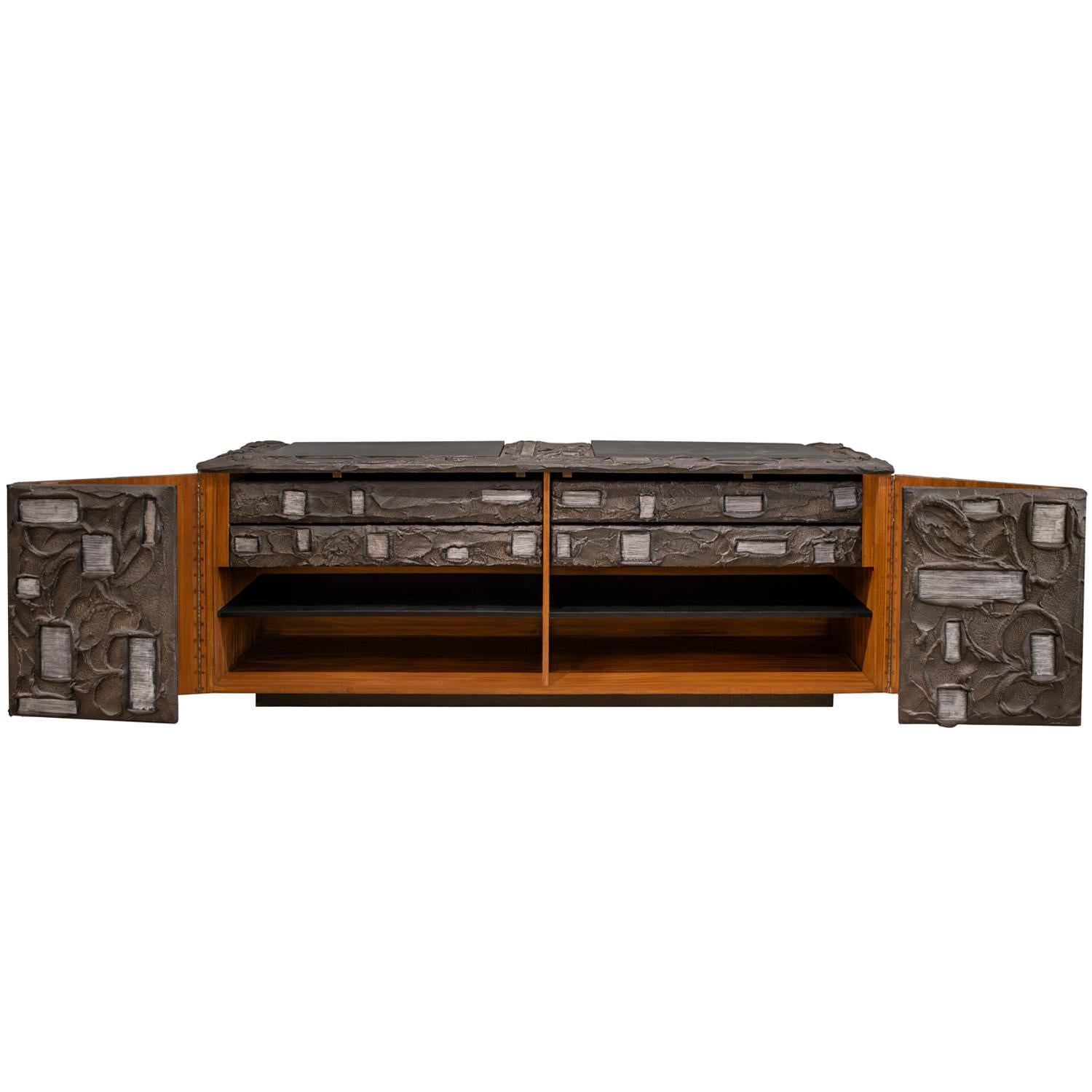 Hand-Crafted Paul Evans Rare Sculpted Bronze Cabinet with Steel Elements 1970, Signed & Dated For Sale