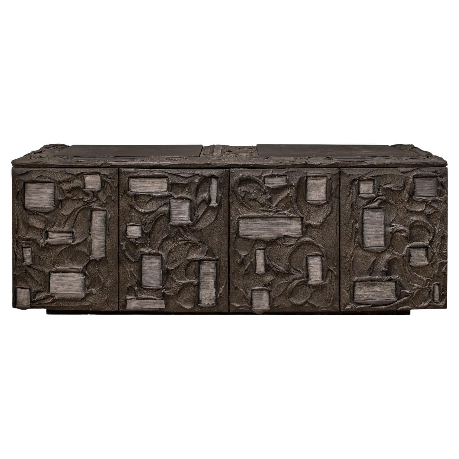 Paul Evans Rare Sculpted Bronze Cabinet with Steel Elements 1970, Signed & Dated For Sale