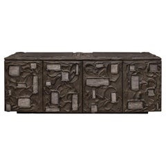 Rare armoire Paul Evans en bronze sculpté avec éléments en acier 1970, signée et datée