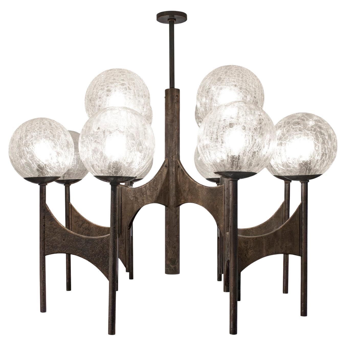 Paul Evans Rare Large Chandelier in Bronze with Crackled Glass Globes 1970s