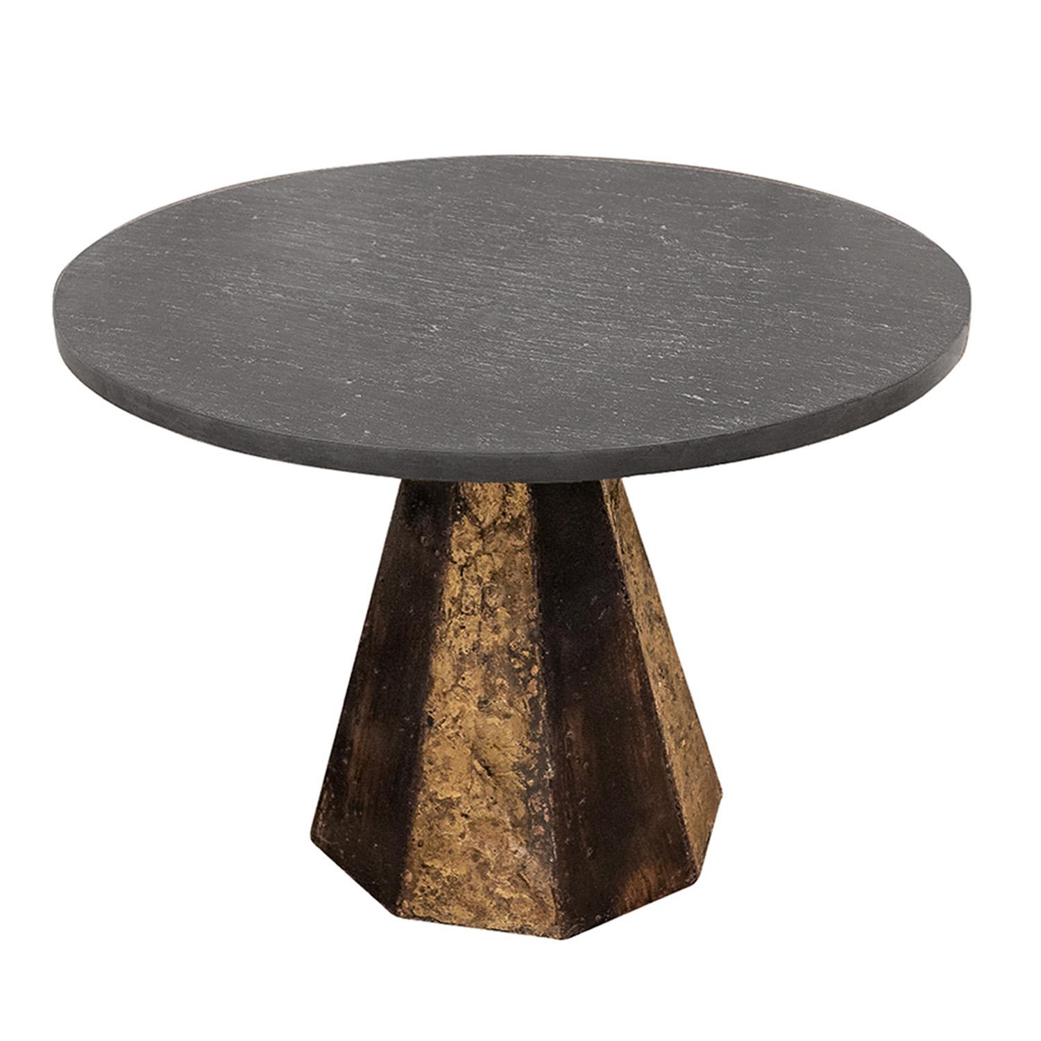 Stunning side table with 6 sided welded steel base with sections which are textured and gilded along with a thick cleft slate top by Paul Evans, American 1968. This table is extremely rare and the artisanship is superb.

Provenance:
Purchased by