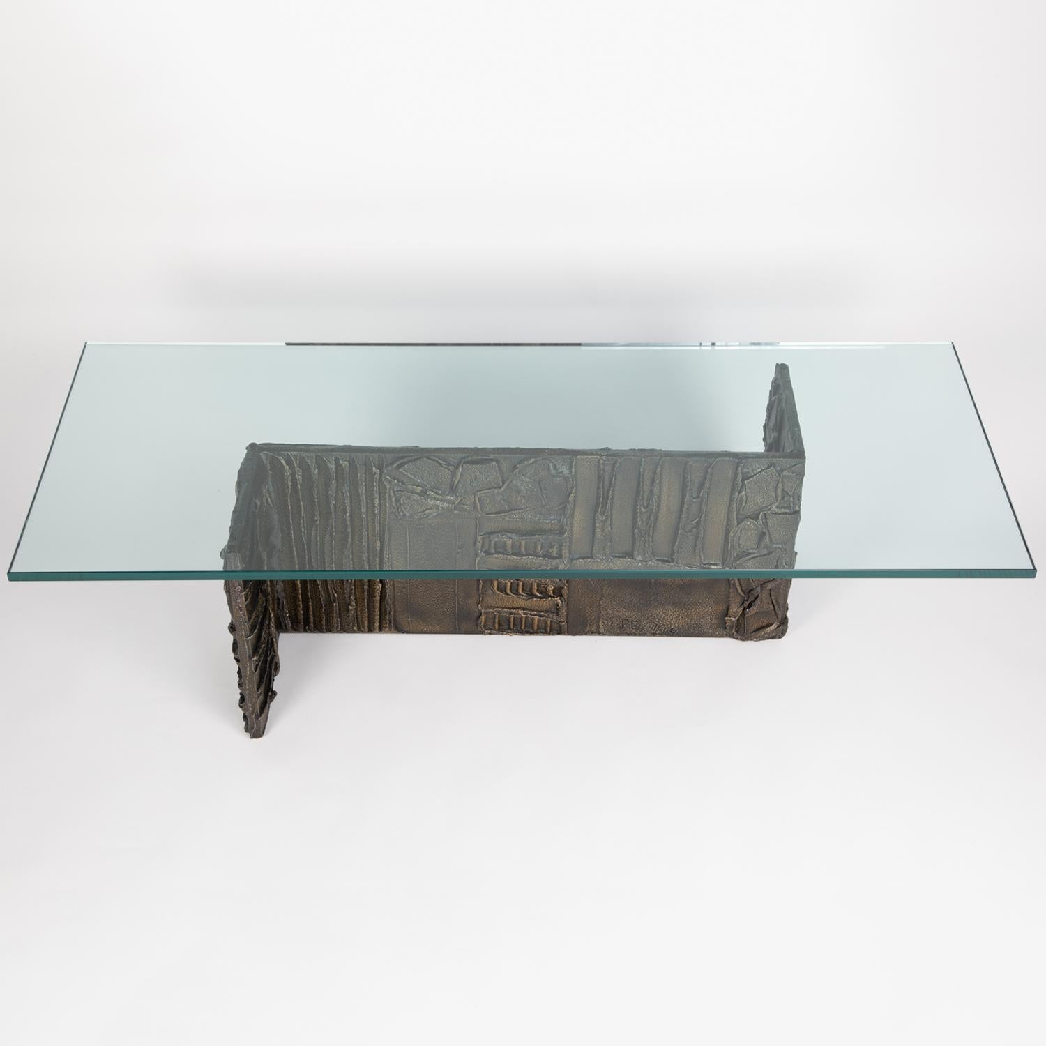 Rectangular coffee table, model PE 132 in sculpted bronze with glass top by Paul Evans for Directional Furniture, American 1970 (signed 