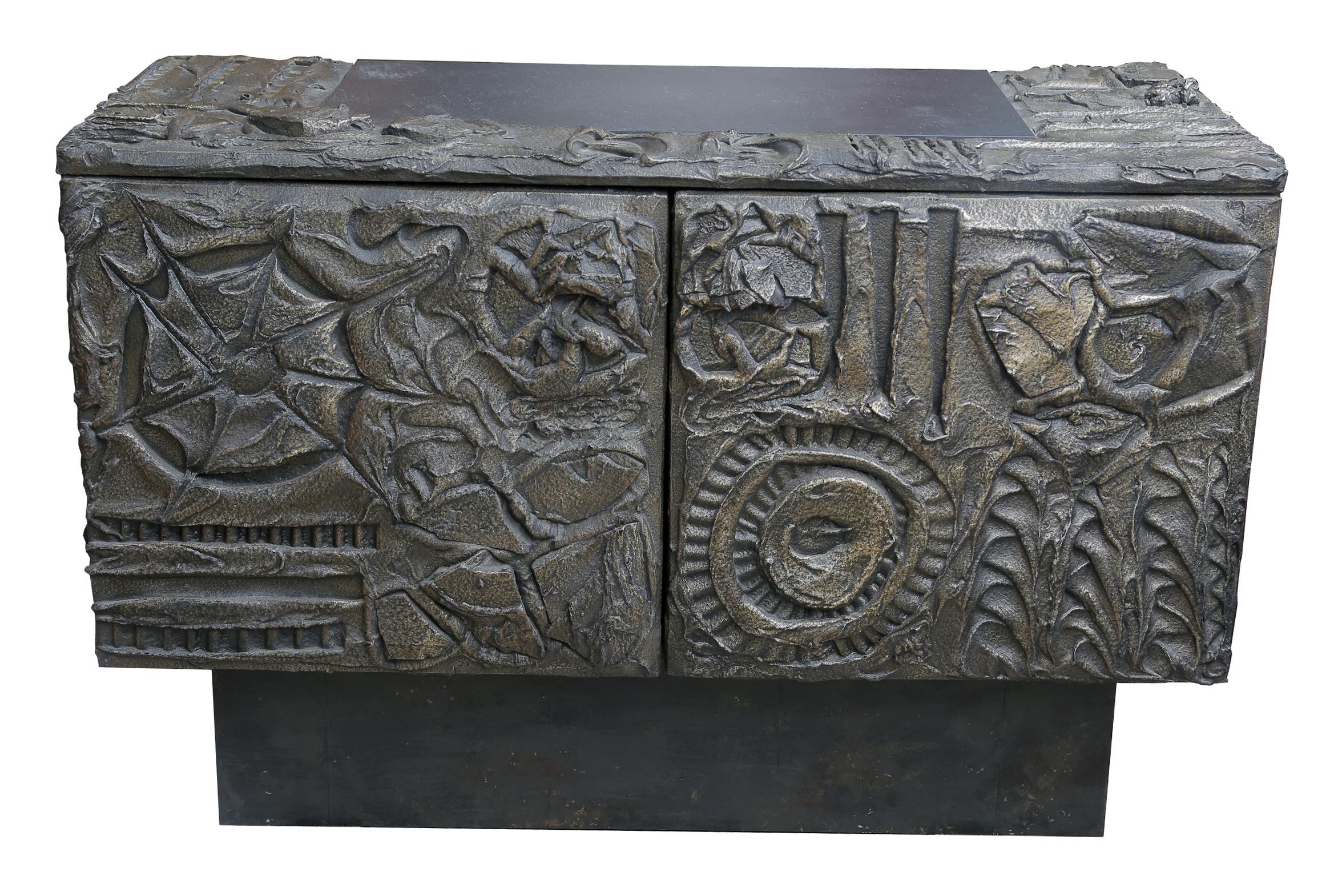 Paul Evans sculpted bronze cabinet
Incised signature and date
Original surface, grain painted interior and shelf.