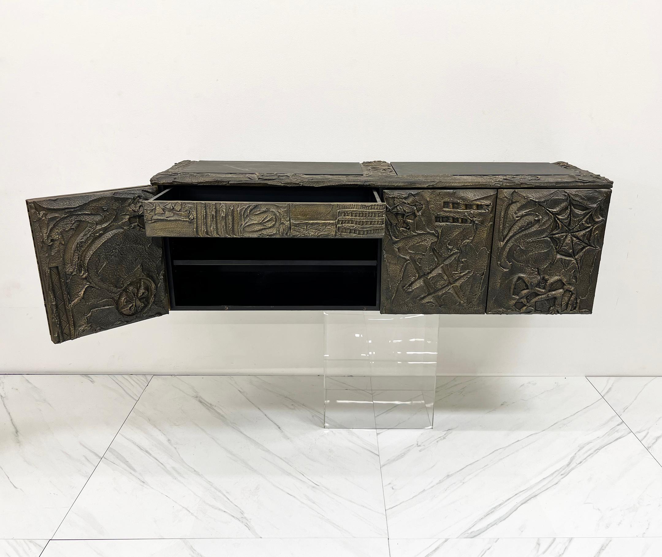 Paul Evans Sculpted Bronze and Resin Wall Mounted Credenza, Signed and Dated '71 4