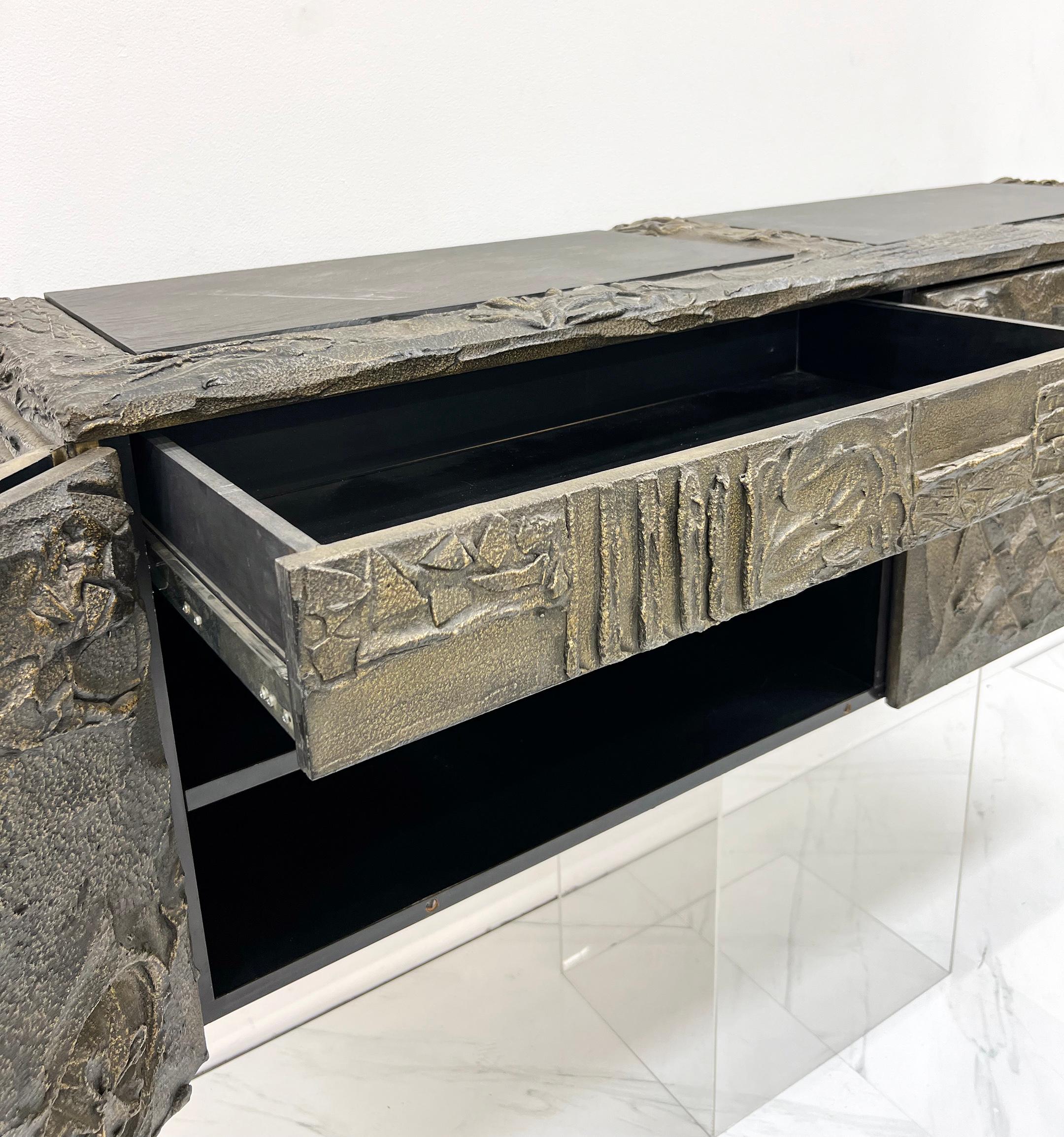 Paul Evans Sculpted Bronze and Resin Wall Mounted Credenza, Signed and Dated '71 5