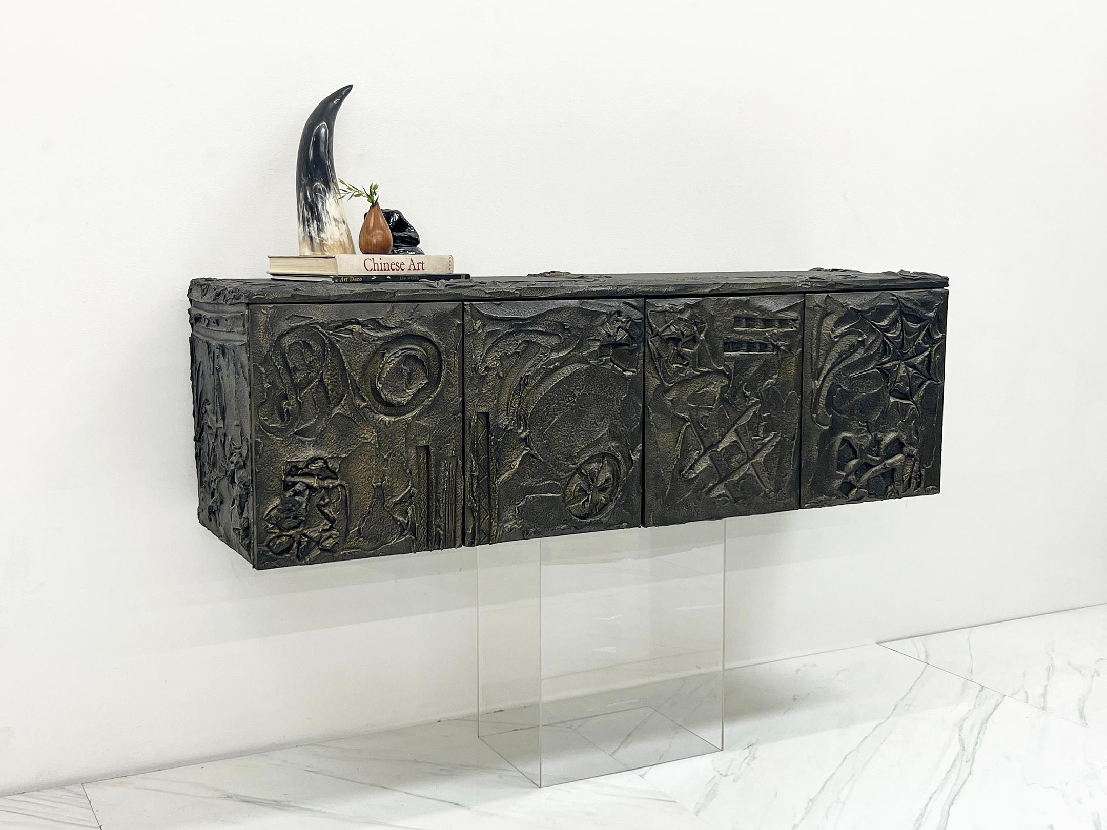 Brutalist Paul Evans Sculpted Bronze and Resin Wall Mounted Credenza, Signed and Dated '71