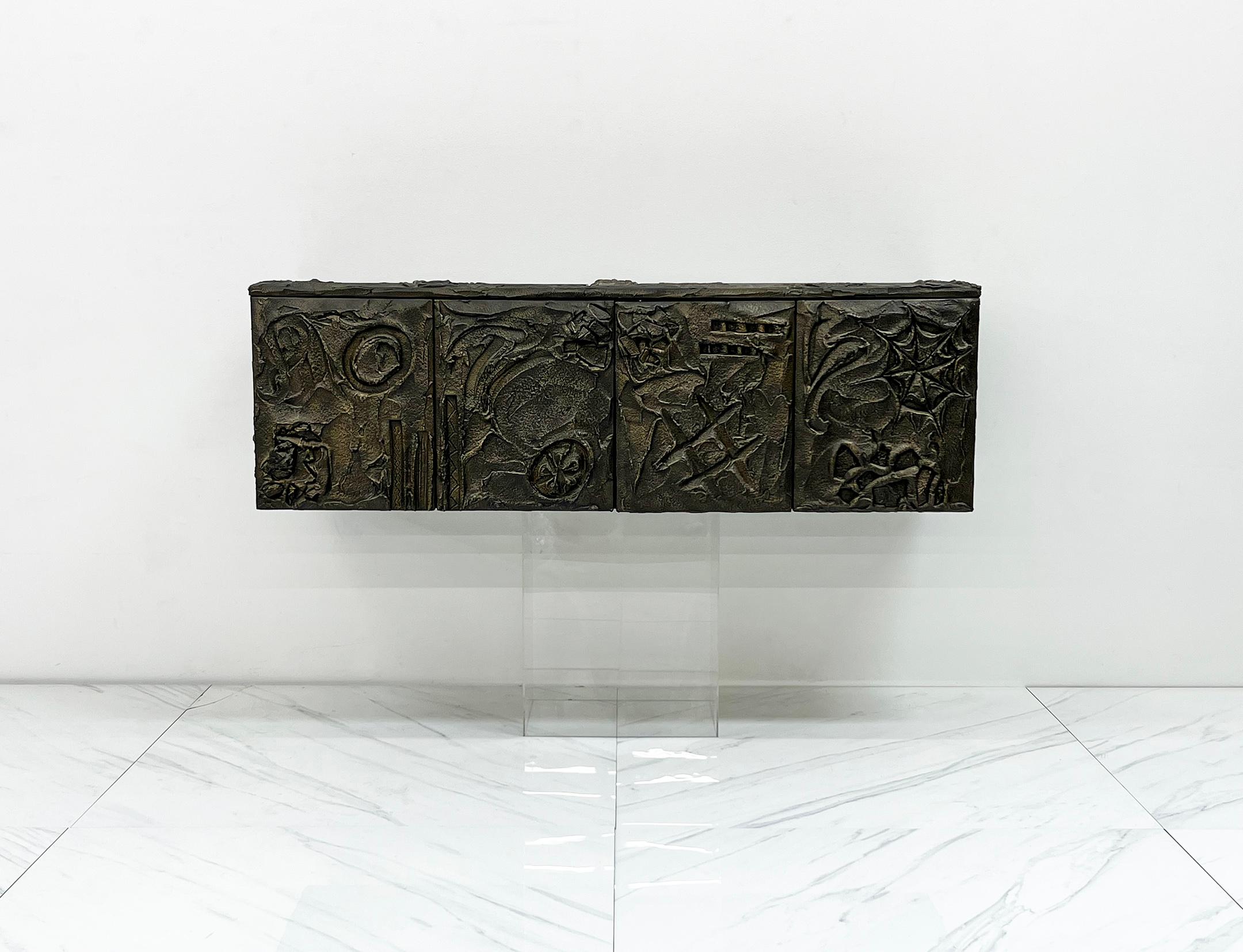 American Paul Evans Sculpted Bronze and Resin Wall Mounted Credenza, Signed and Dated '71