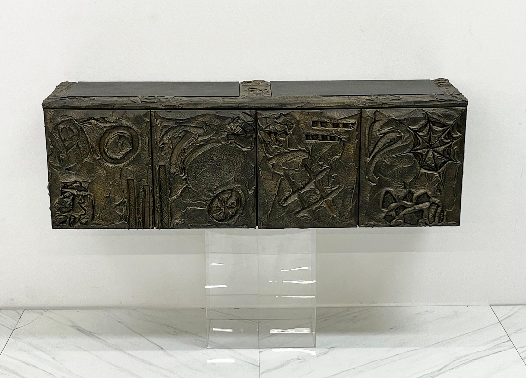 Paul Evans Sculpted Bronze and Resin Wall Mounted Credenza, Signed and Dated '71 In Good Condition In Culver City, CA