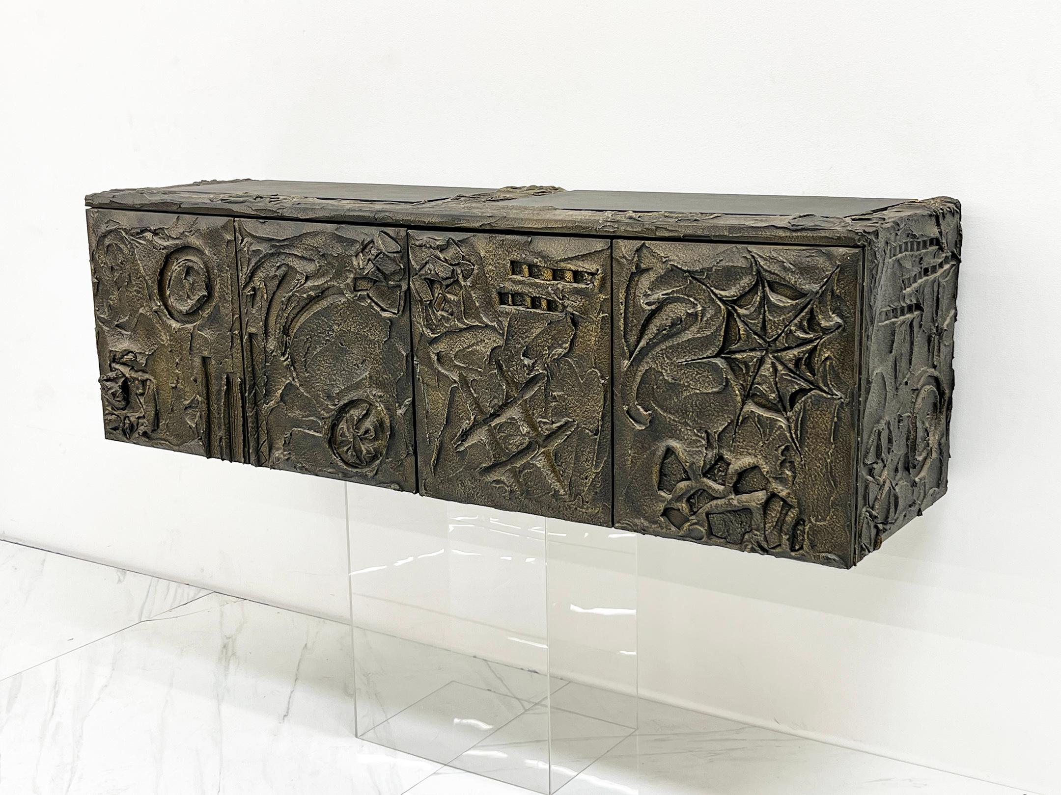 Late 20th Century Paul Evans Sculpted Bronze and Resin Wall Mounted Credenza, Signed and Dated '71