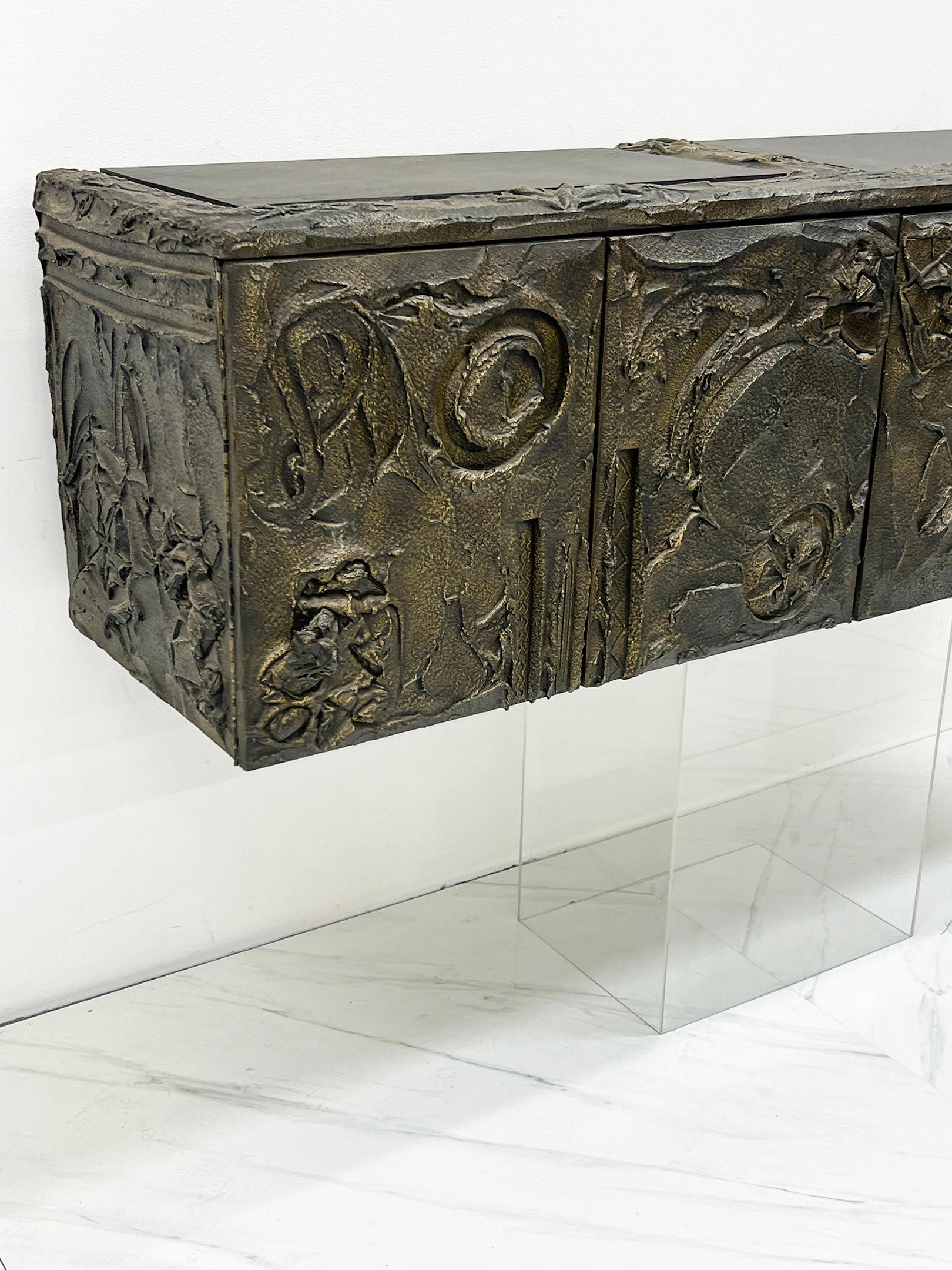 Paul Evans Sculpted Bronze and Resin Wall Mounted Credenza, Signed and Dated '71 1